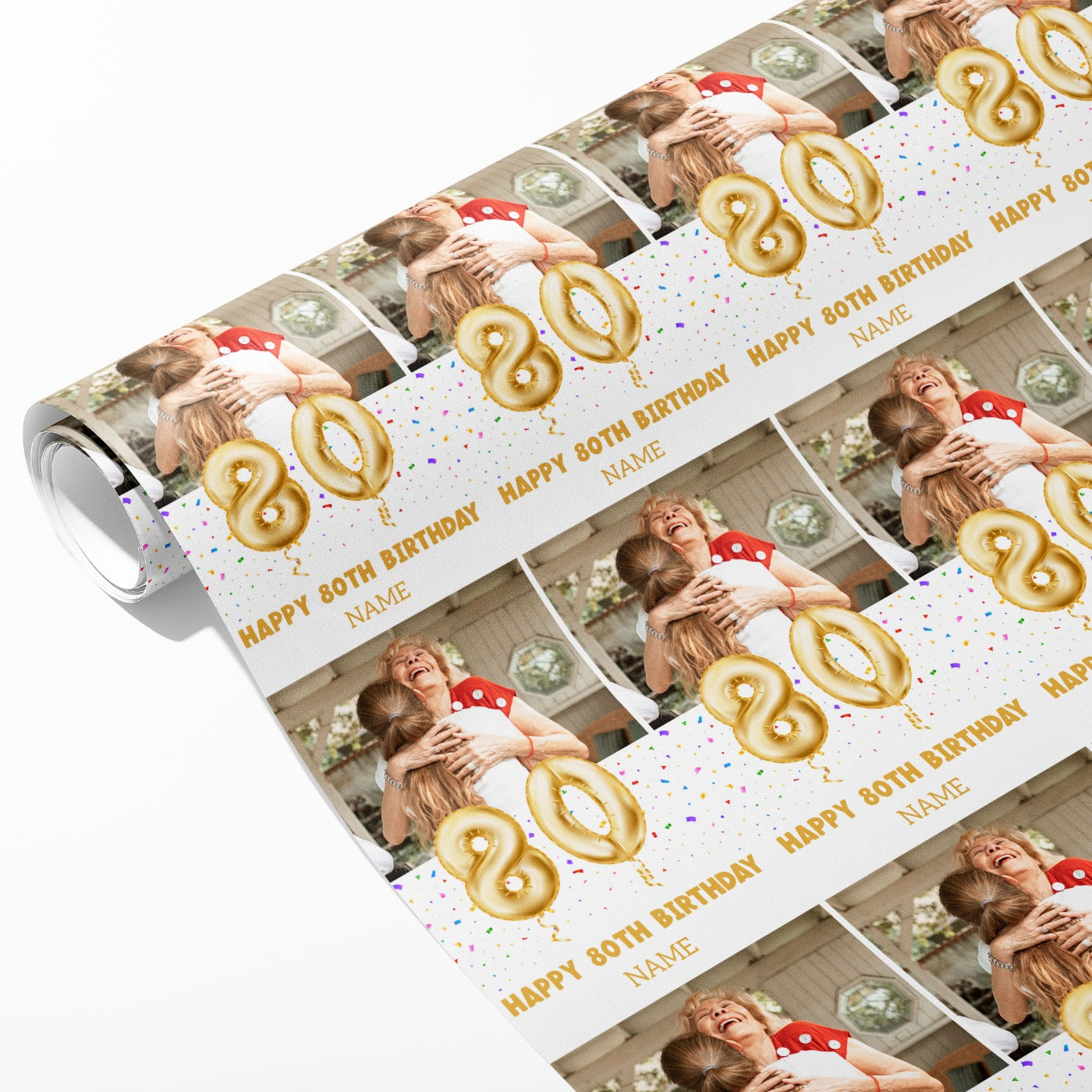 80th Milestone Birthday Balloon Photo and Name Wrapping Paper