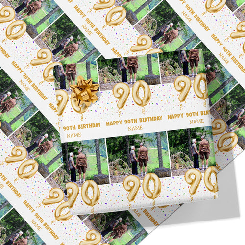 90th Milestone Birthday Balloon Photo and Name Wrapping Paper