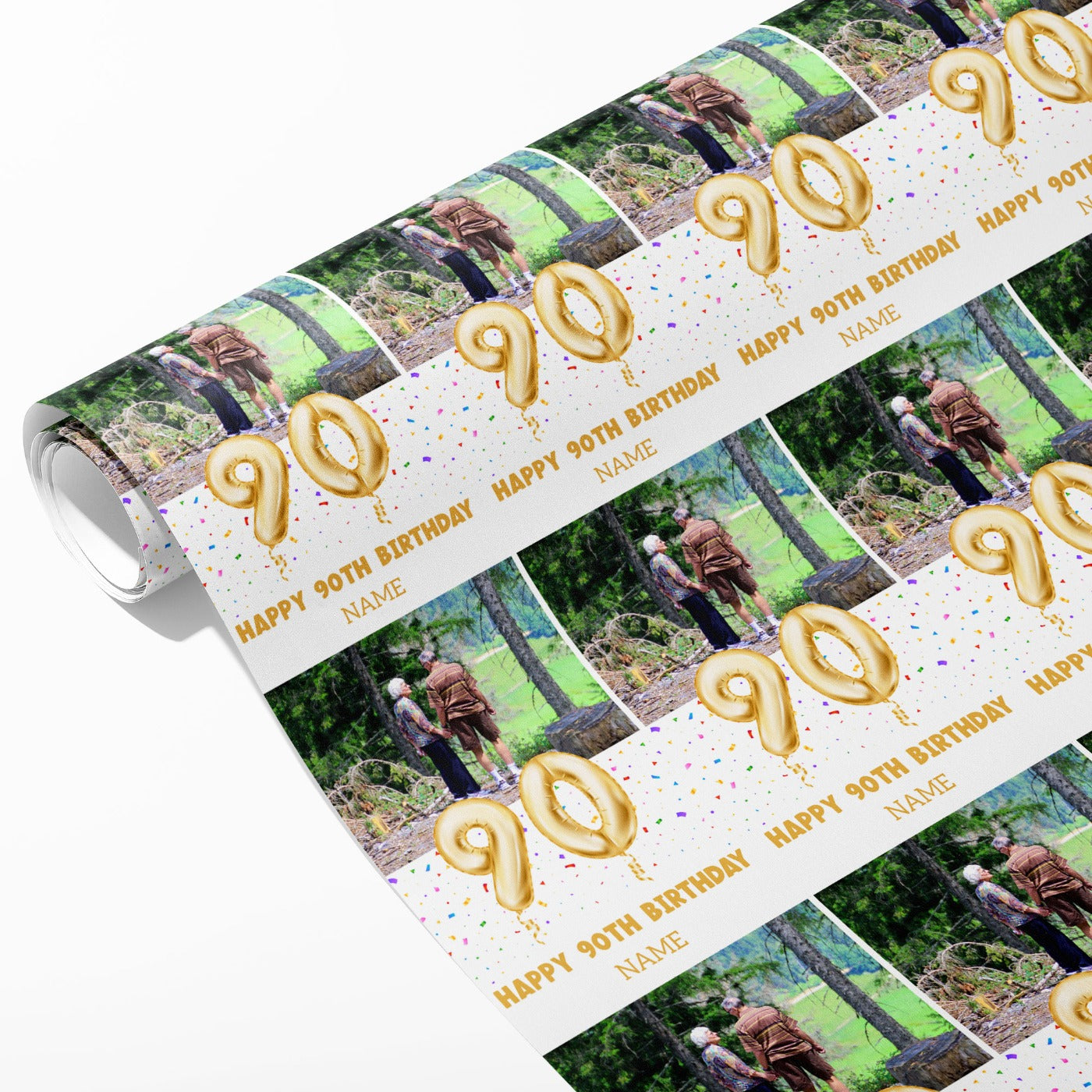 90th Milestone Birthday Balloon Photo and Name Wrapping Paper