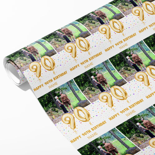90th Milestone Birthday Balloon Photo and Name Wrapping Paper