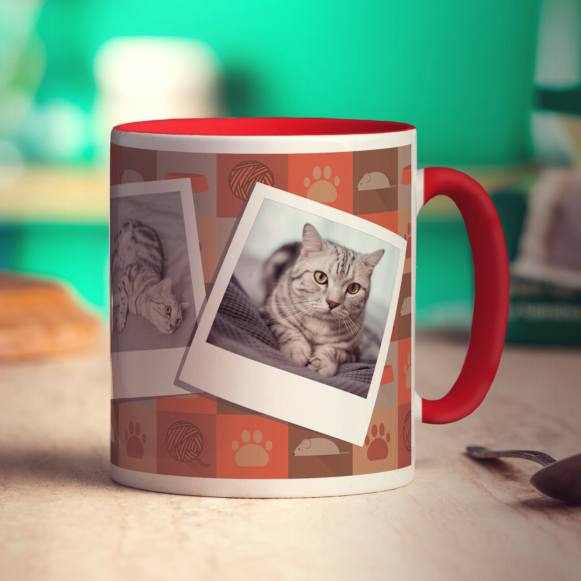 Cat Pattern Polaroid Photo Mug - Standard 330ml (11oz) / Red