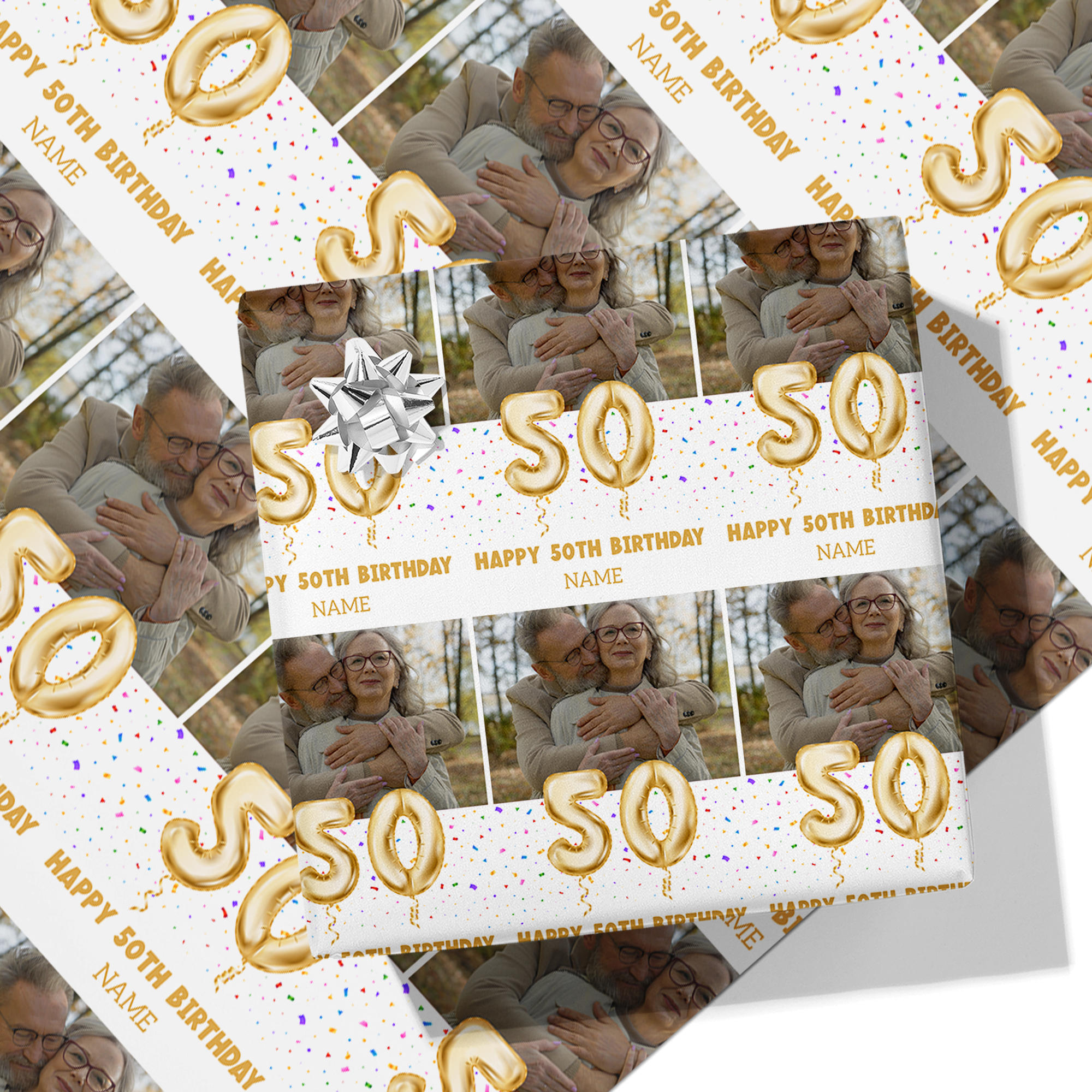 50th Milestone Birthday Balloon Photo and Name Wrapping Paper