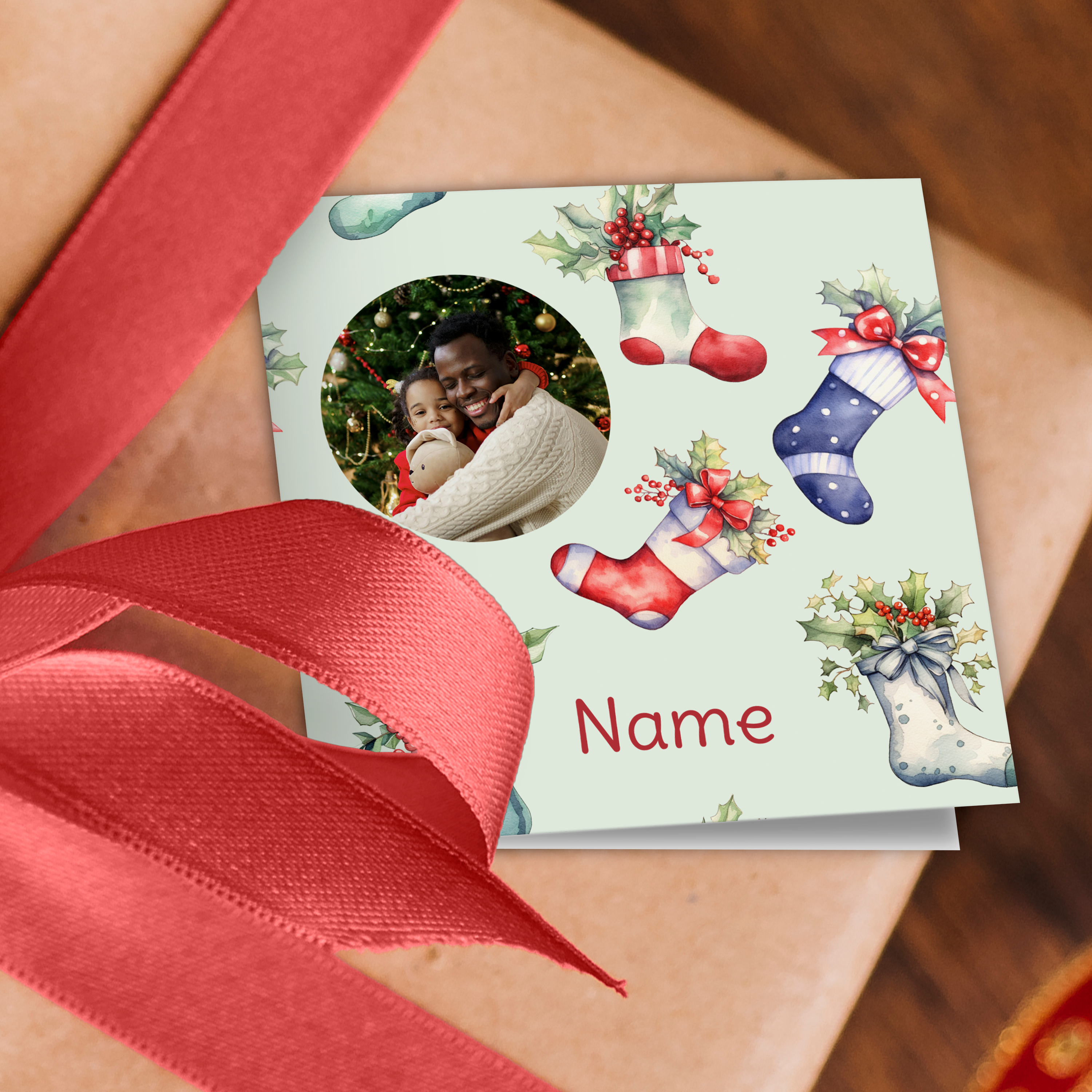 Christmas Stocking Name and Photo Wrapping Paper