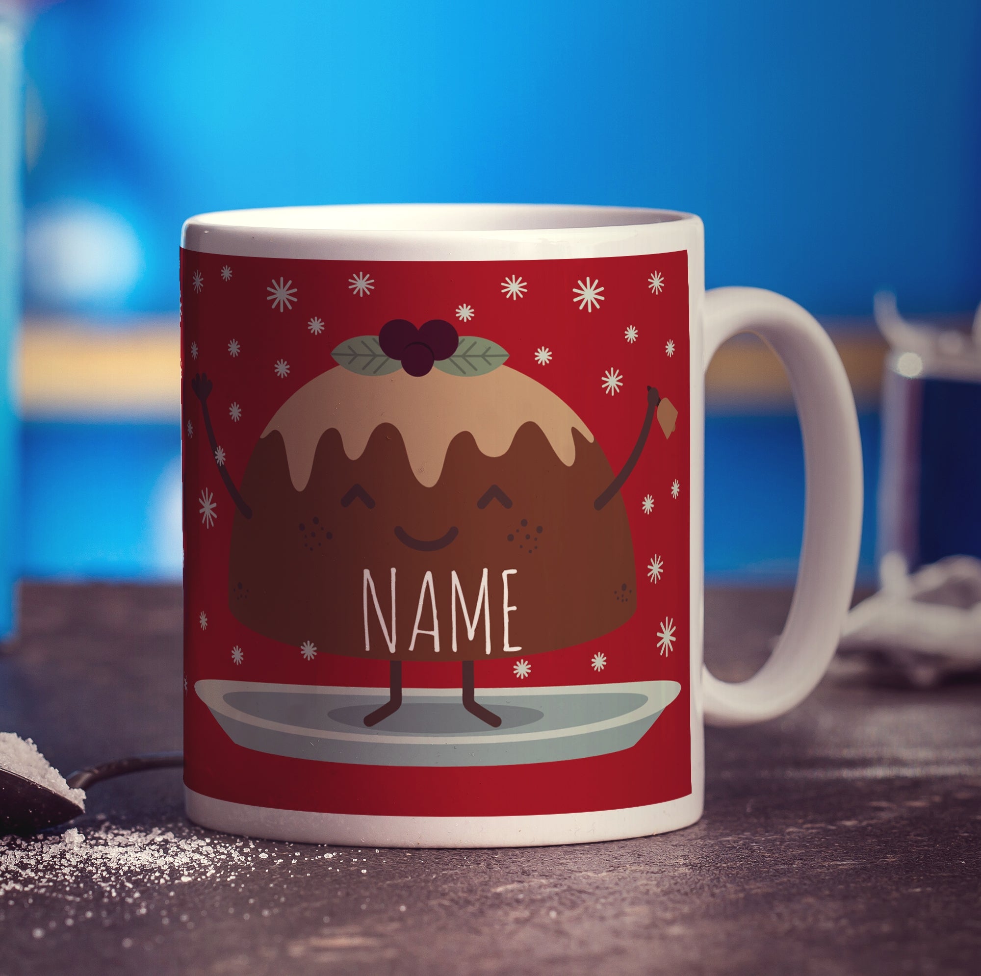 Red Christmas Pudding Name Mug