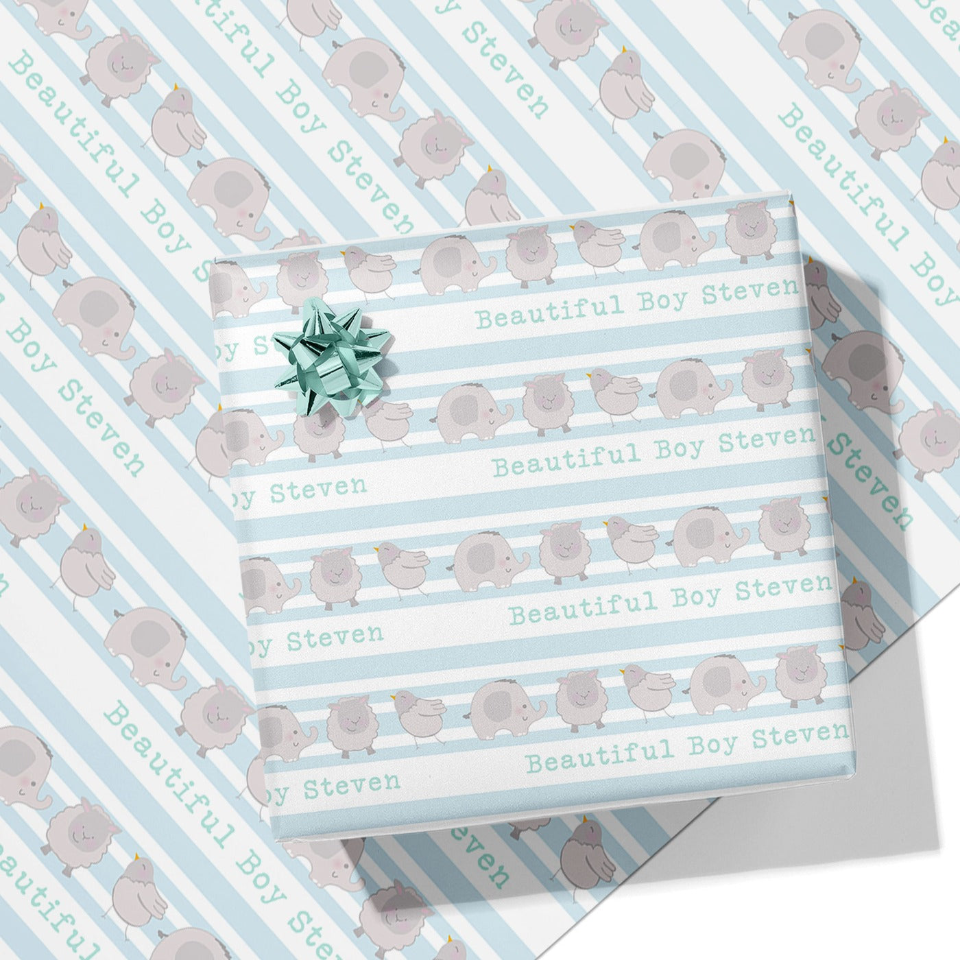 Baby Blue Elephant, Lamb & Bird Message Wrapping Paper
