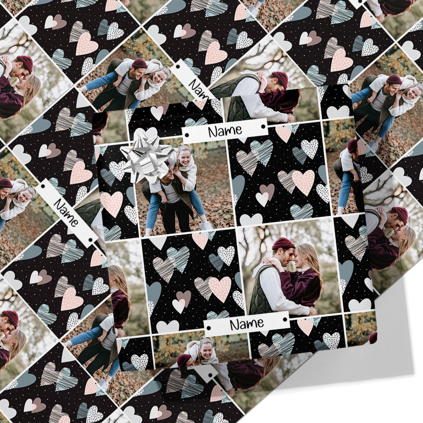 Black Heart Photo Grid Wrapping Paper