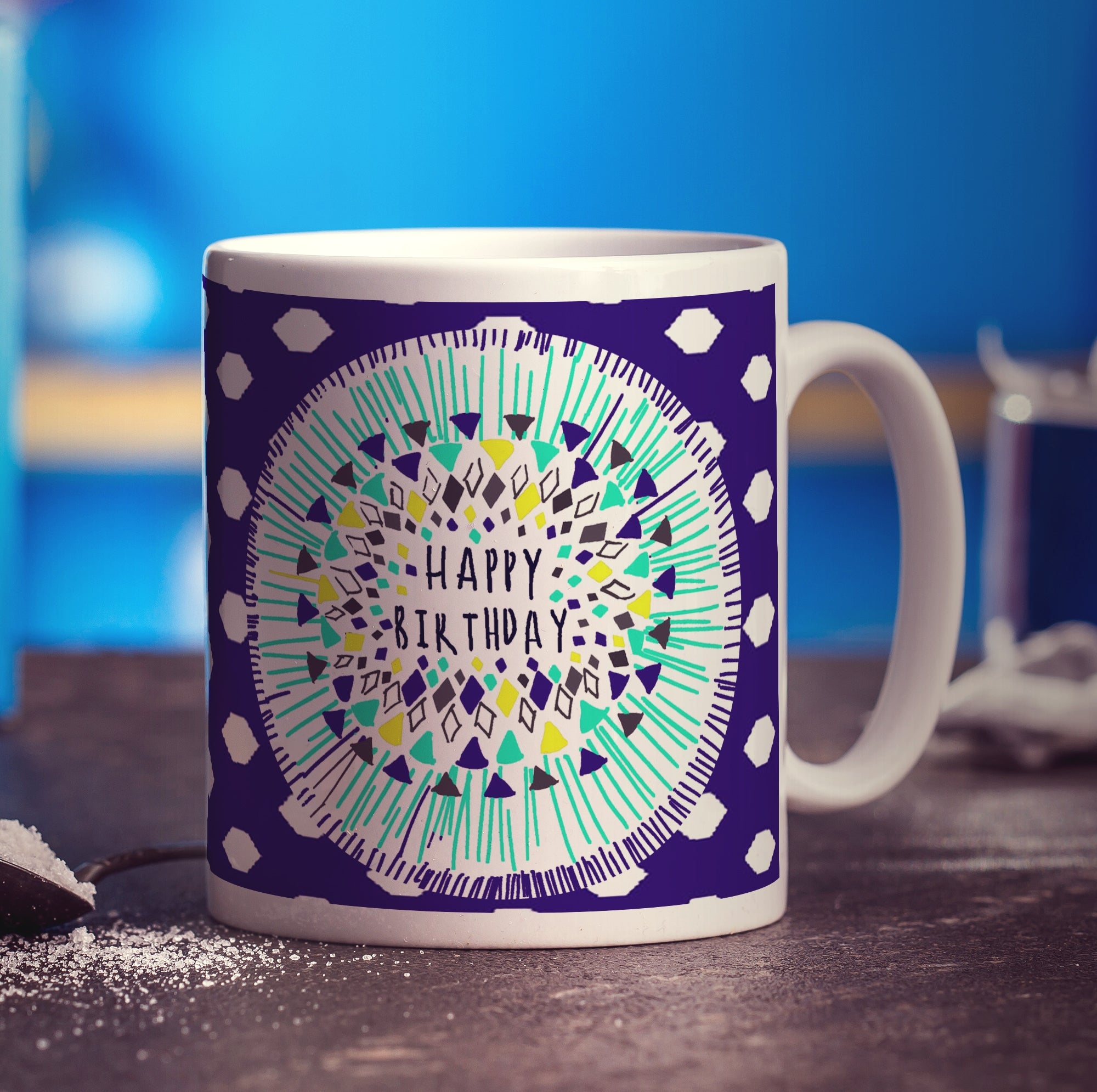 Blue Pattern Birthday Mug by Jessica Peppin