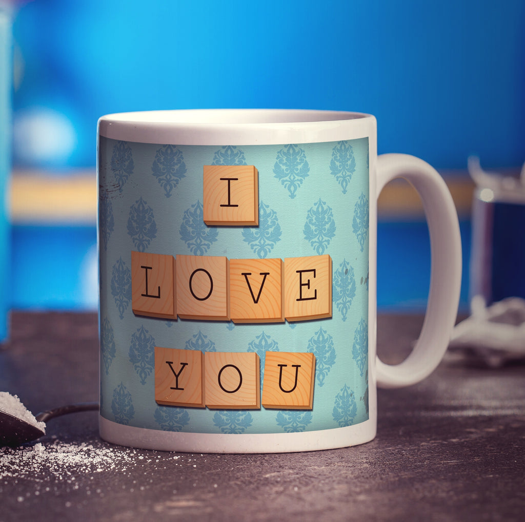 I Love You - Blue Illustrated Wooden Letters Mug