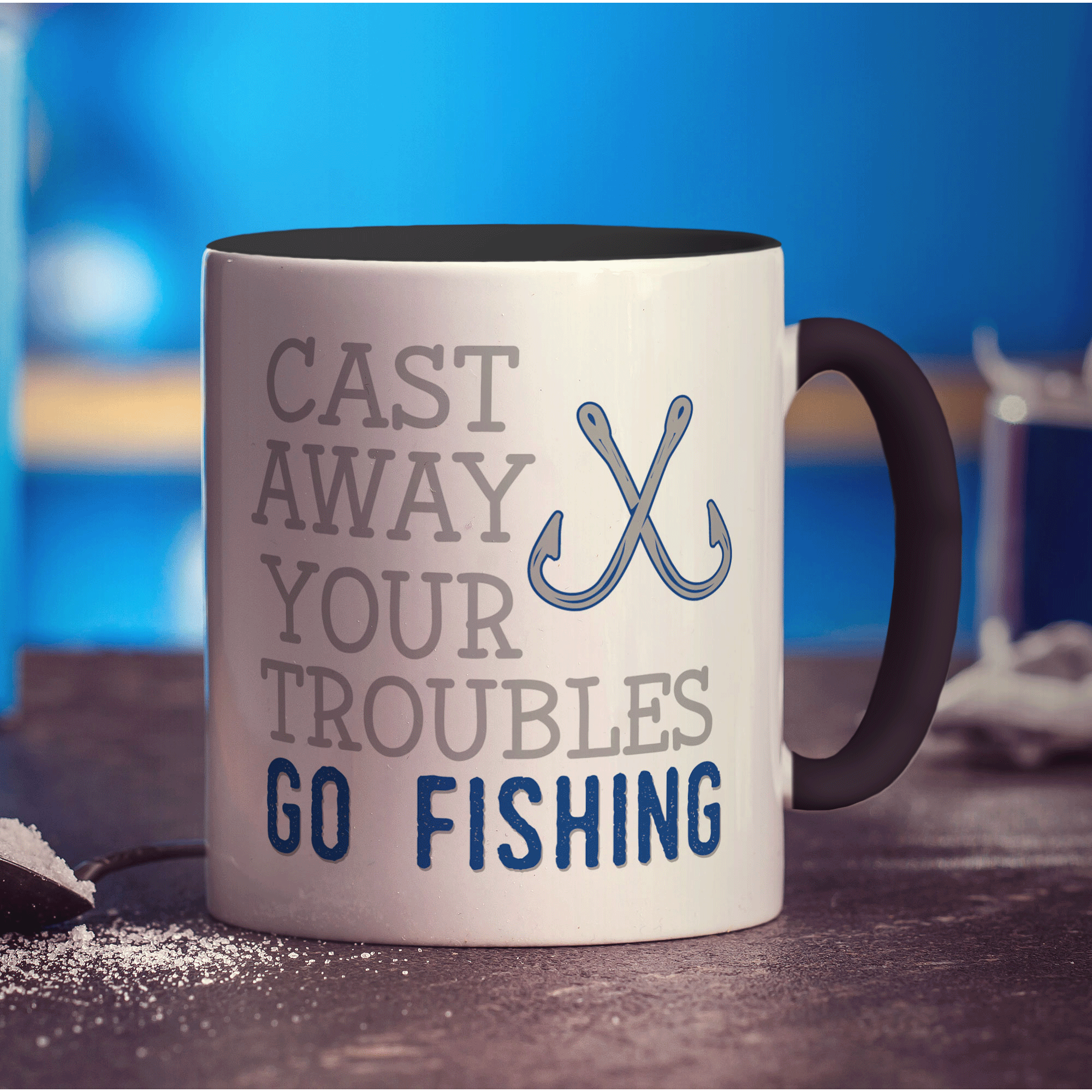 Cast Away Your Troubles Go Fishing Mug - Standard 330ml (11oz) / Black