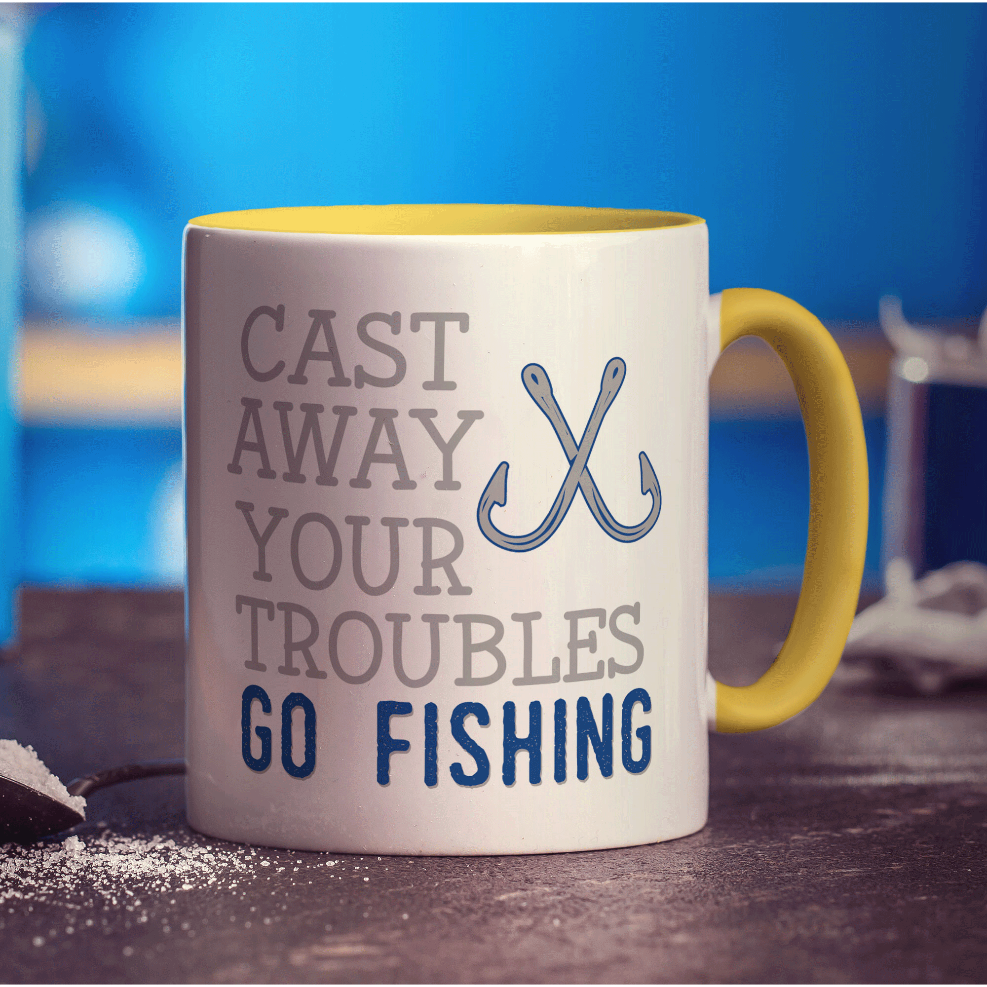 Cast Away Your Troubles Go Fishing Mug - Standard 330ml (11oz) / Yellow