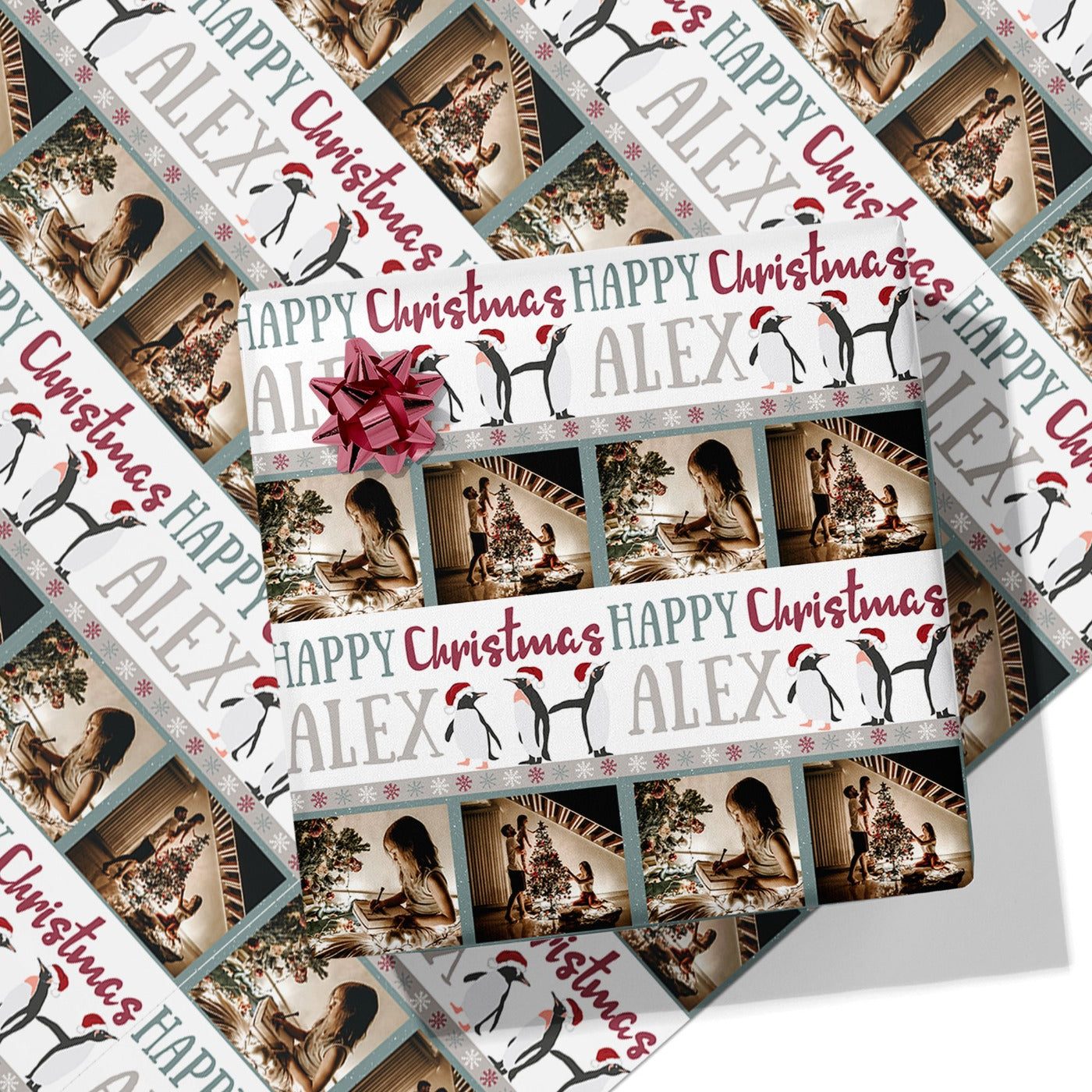 Christmas Penguins Photo & Name Wrapping Paper