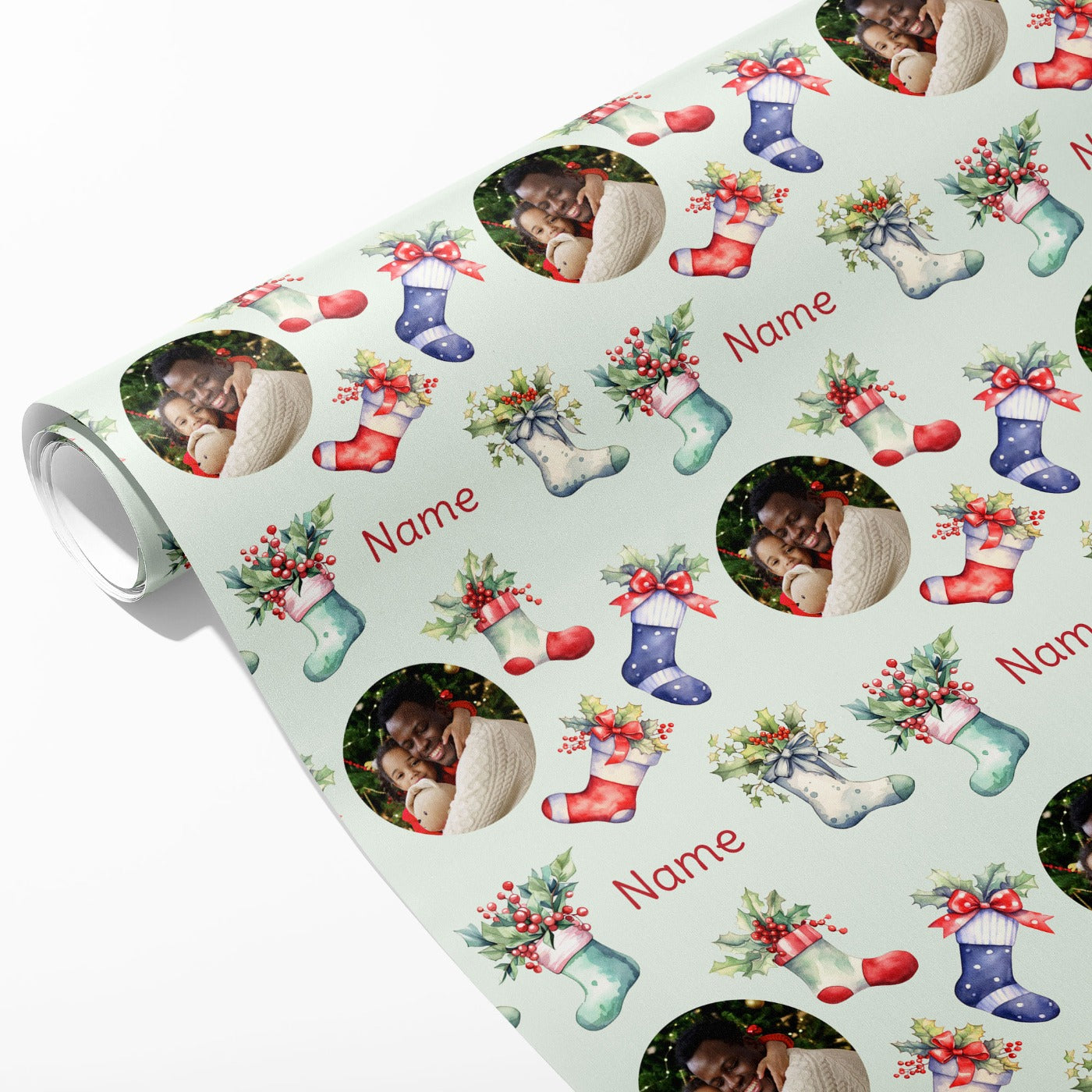 Christmas Stocking Name and Photo Wrapping Paper
