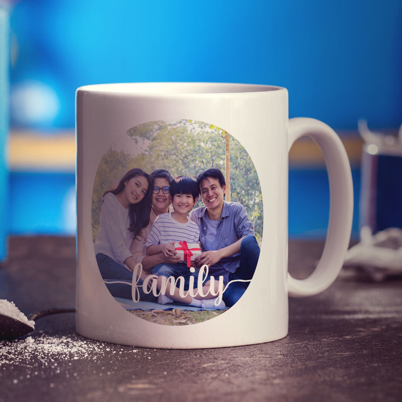 Circle Photo with Family Text Mug