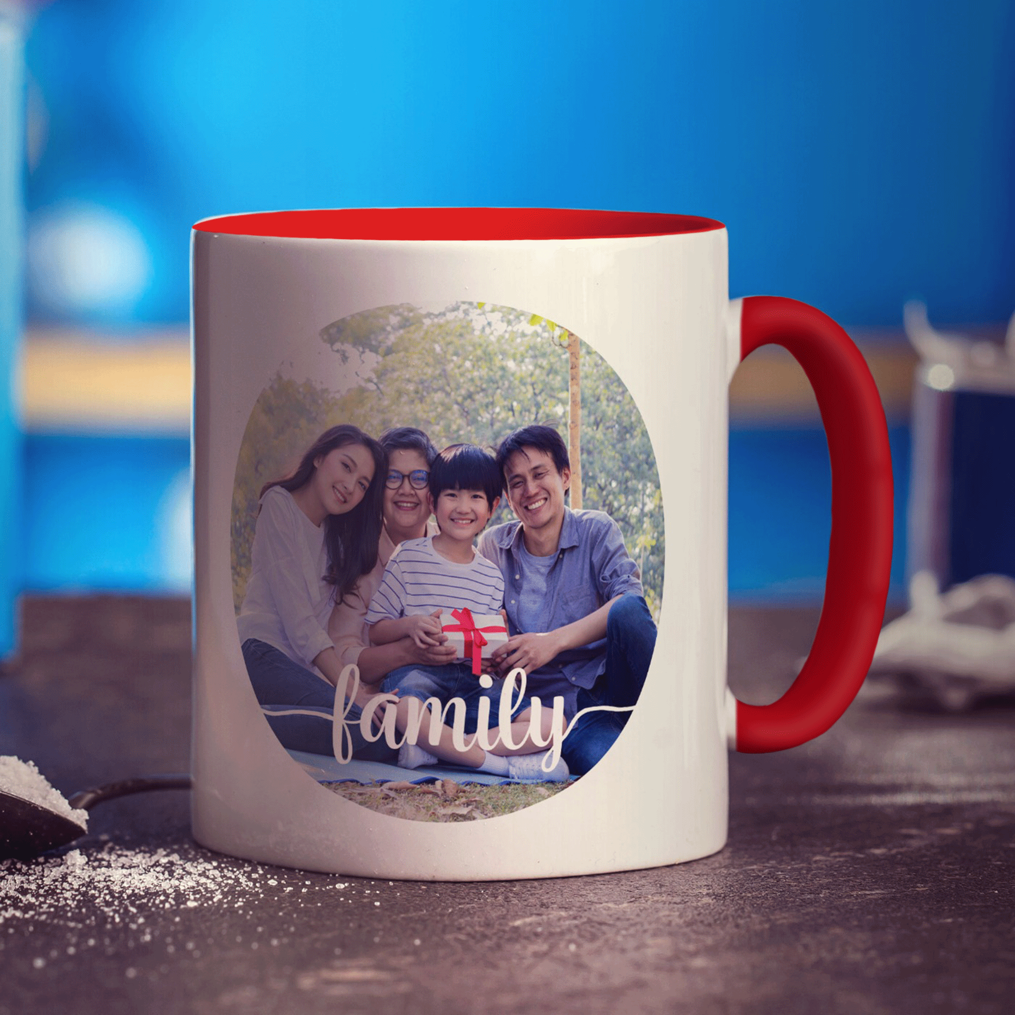Circle Photo with Family Text Mug