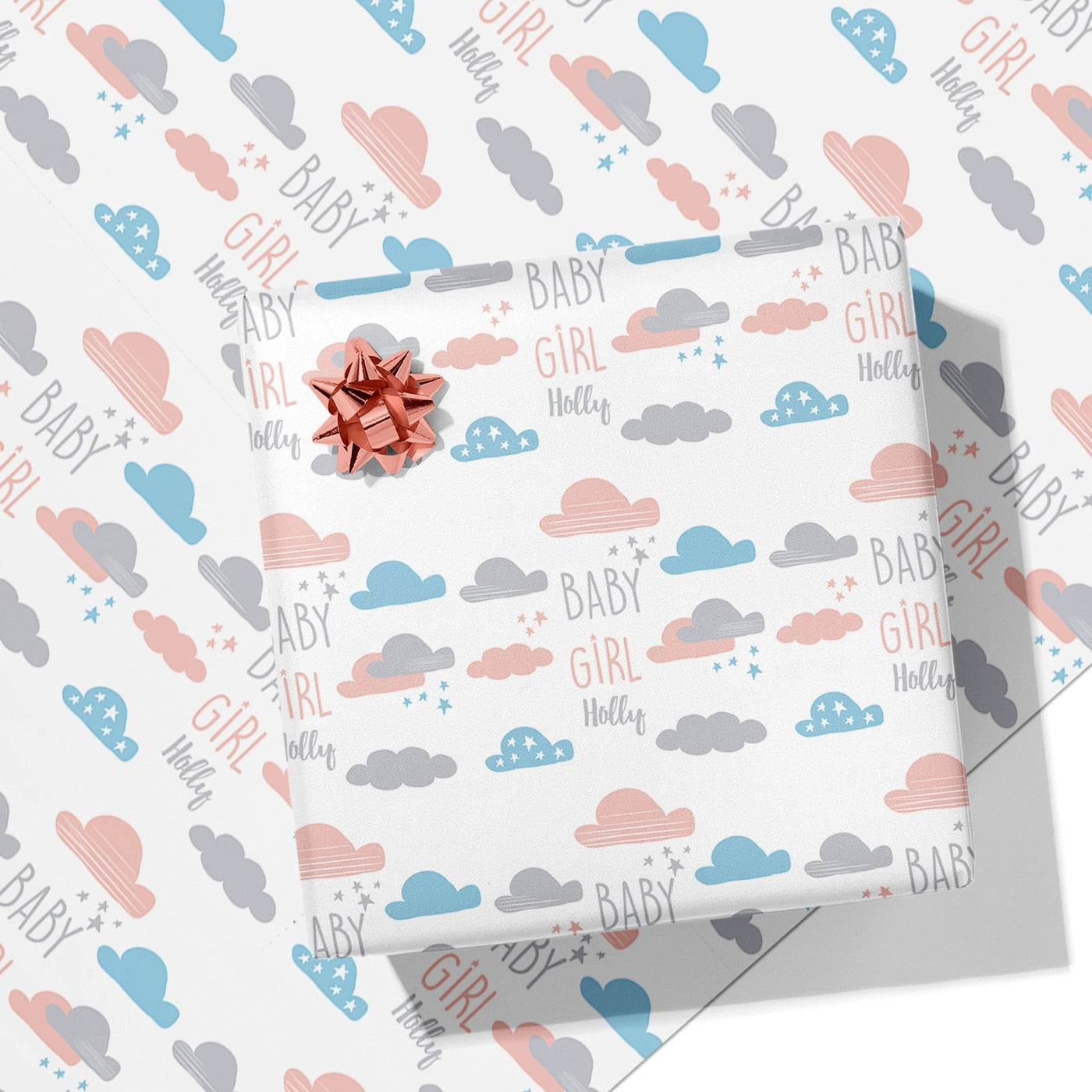 Clouds and Stars Baby Girl Name Wrapping Paper