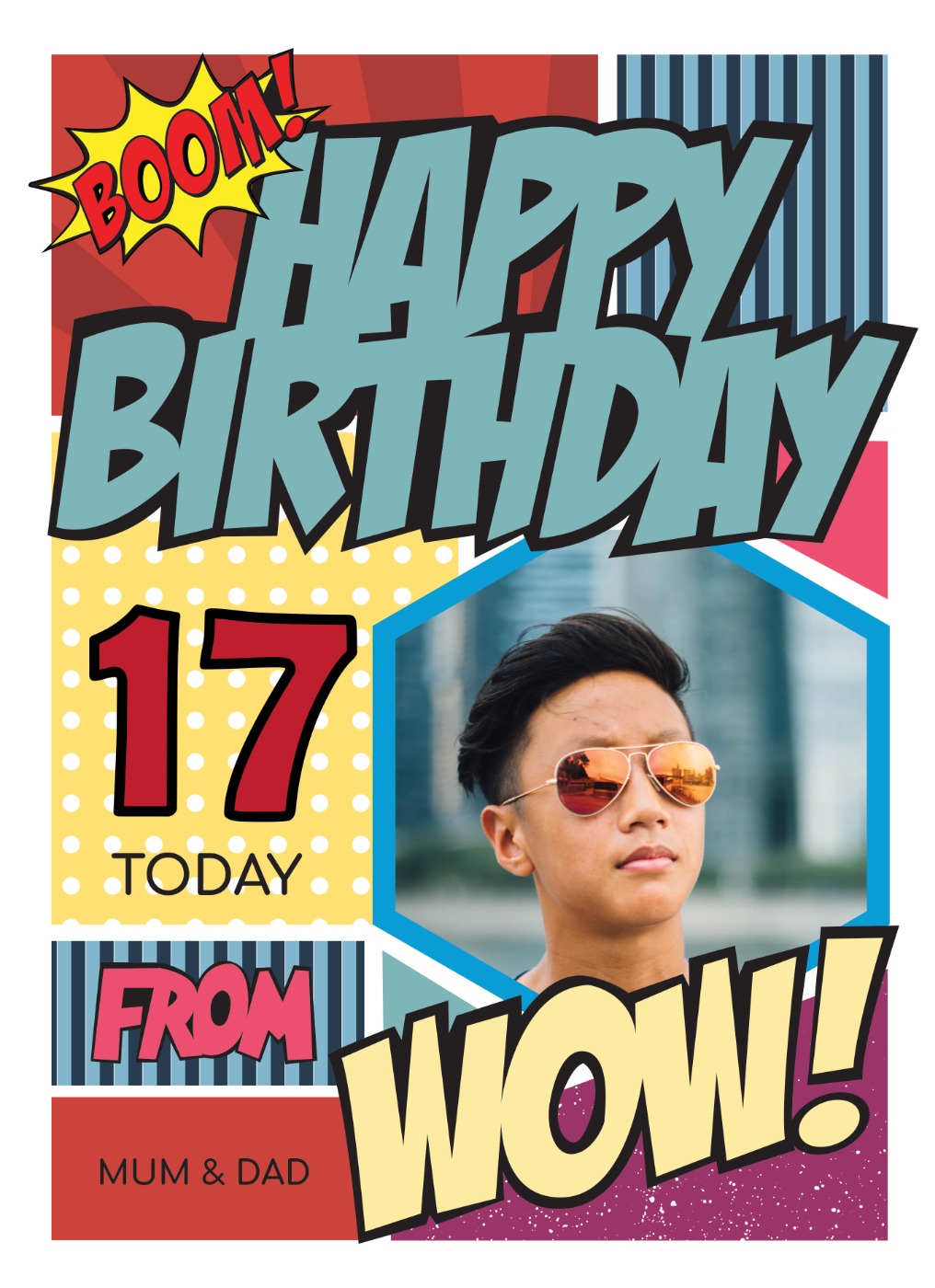 Comic book style personalised birthday card standing up