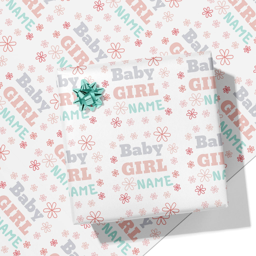 Flower Pattern Baby Girl Name Wrapping Paper