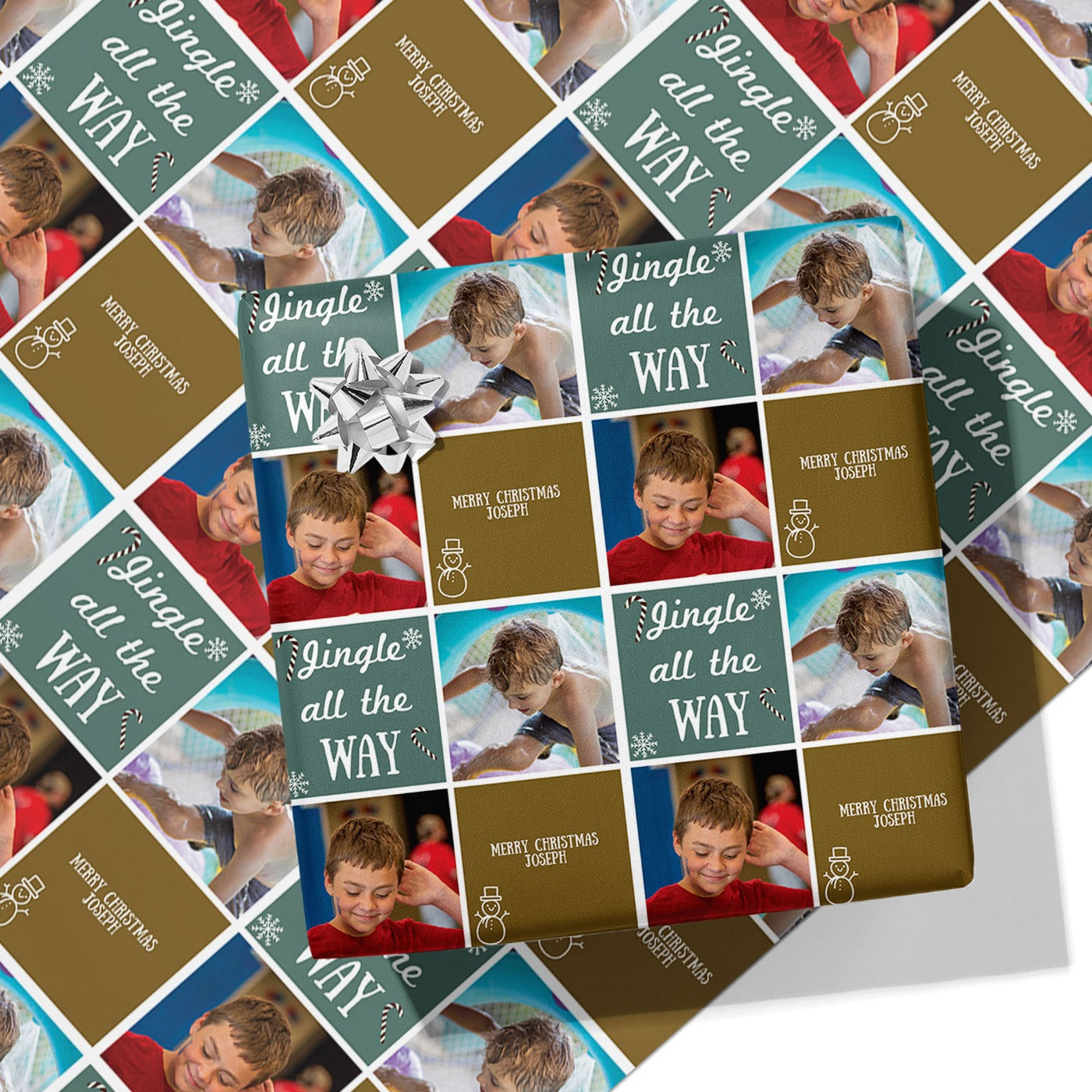 Gold & Green Christmas Photo & Message Wrapping Paper