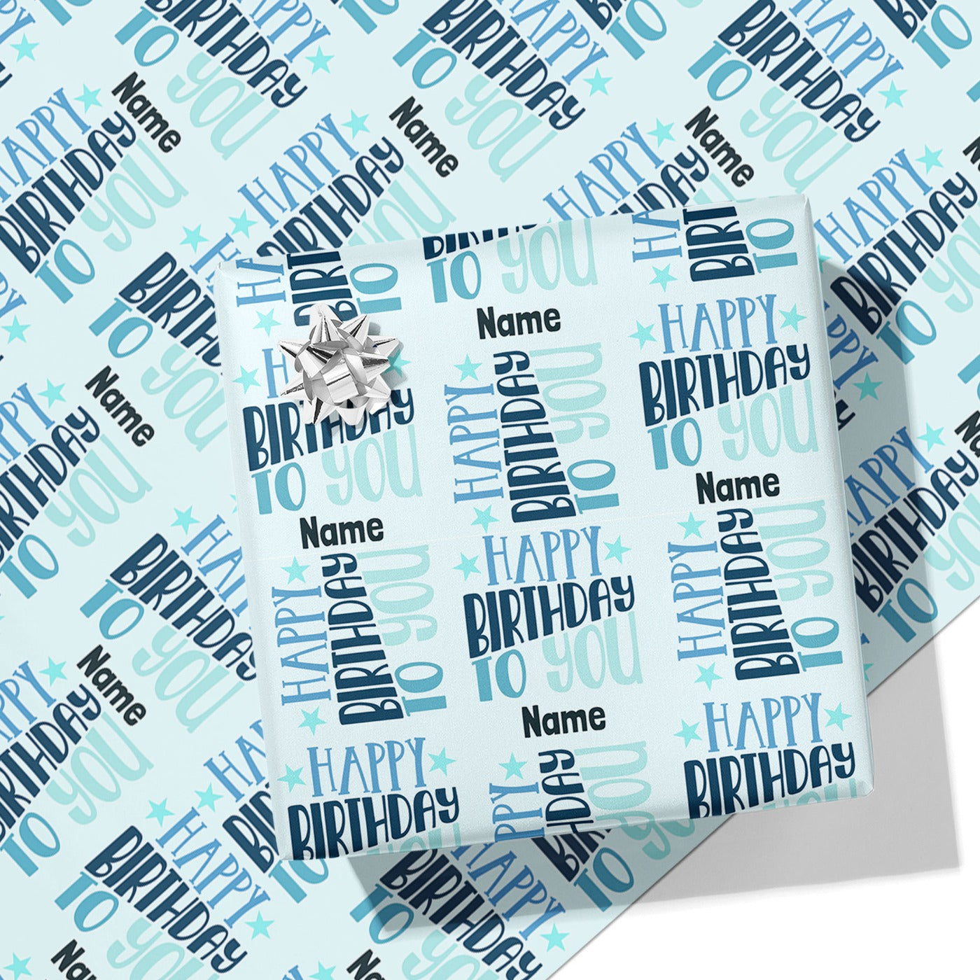 Happy Birthday Blue Pattern Name Wrapping Paper