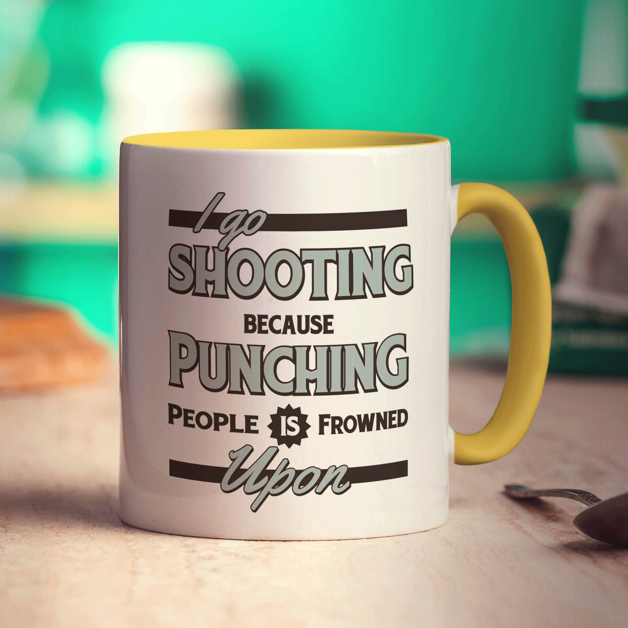 I Go Shooting Because Punching People is Frowned Upon Mug - Standard 330ml (11oz) / Yellow