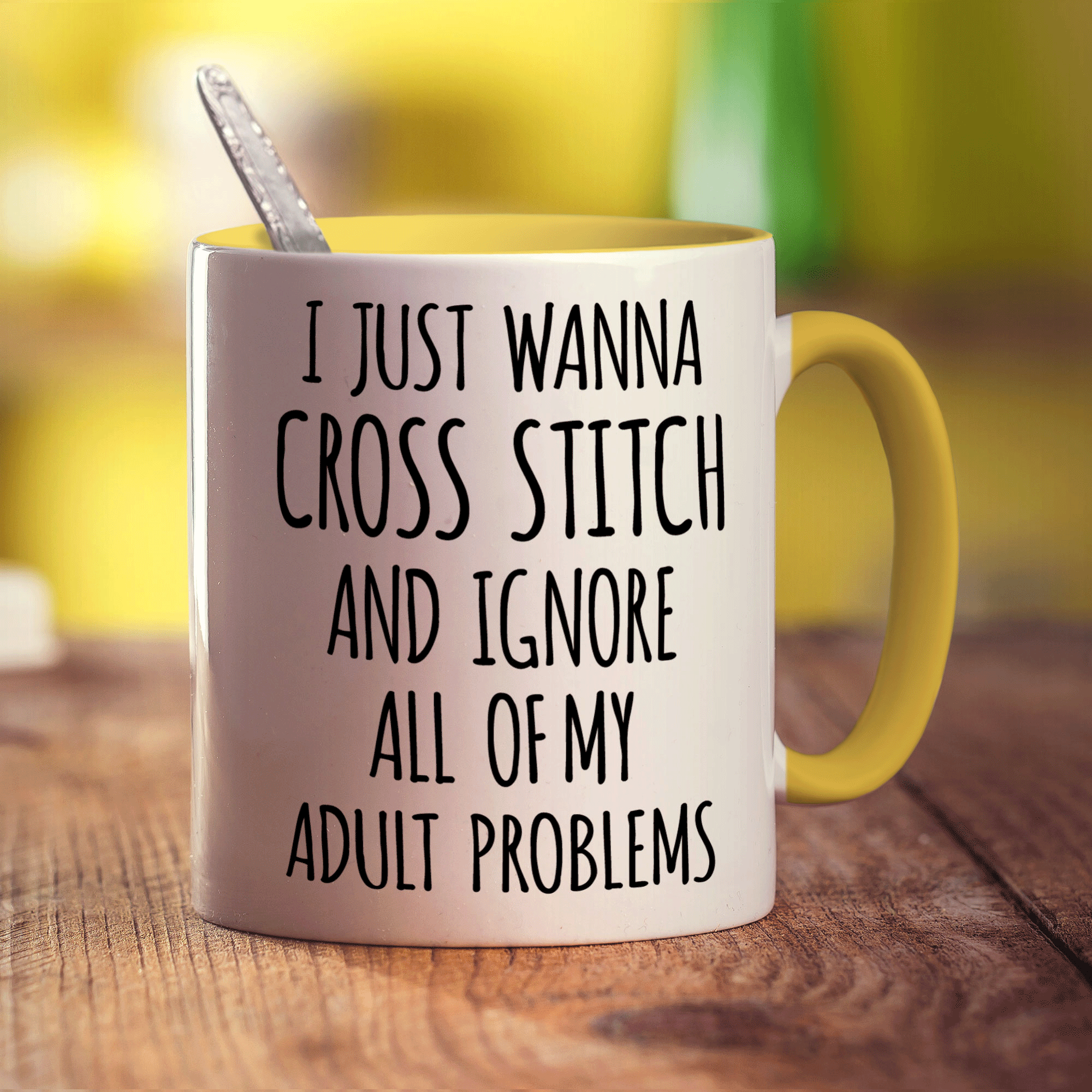 I Just Wanna Cross Stitch and Ignore All of My Adult Problems Mug - Standard 330ml (11oz) / Yellow