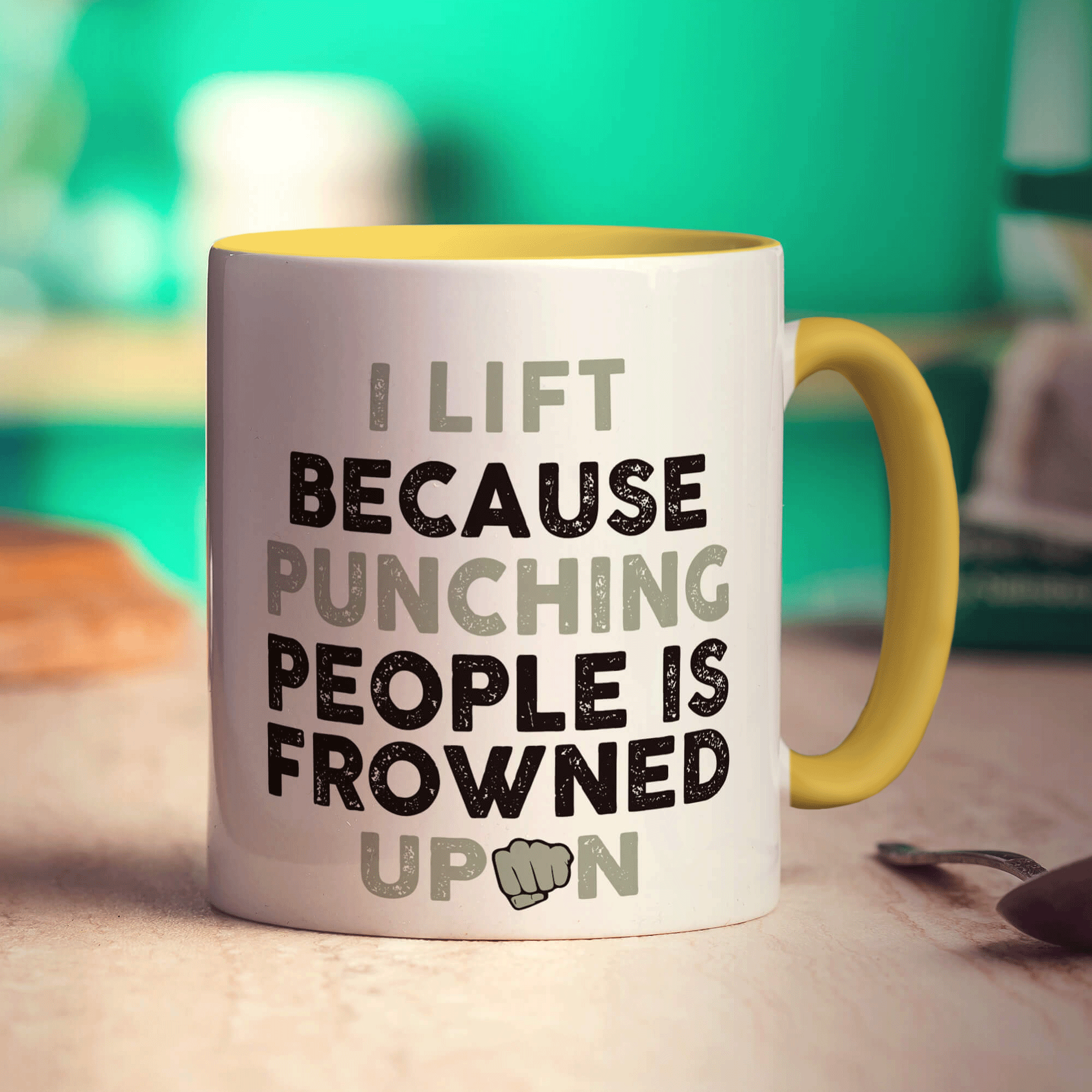 I Lift Because Punching People is Frowned Upon Mug - Standard 330ml (11oz) / Yellow