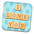 I Love You - Blue Illustrated Wooden Letters Fixed Coaster