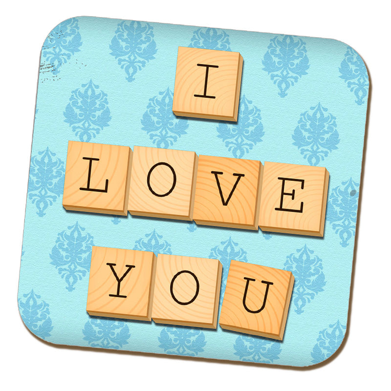 I Love You - Blue Illustrated Wooden Letters Fixed Coaster