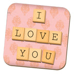 I Love You - Pink Illustrated Wooden Letters Fixed Coaster