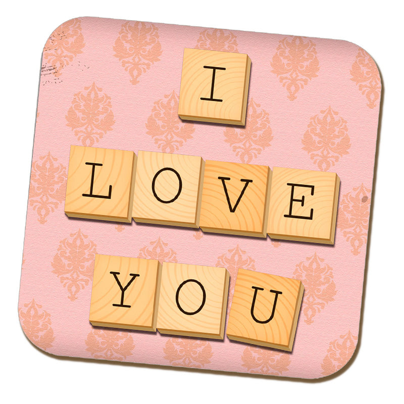 I Love You - Pink Illustrated Wooden Letters Fixed Coaster