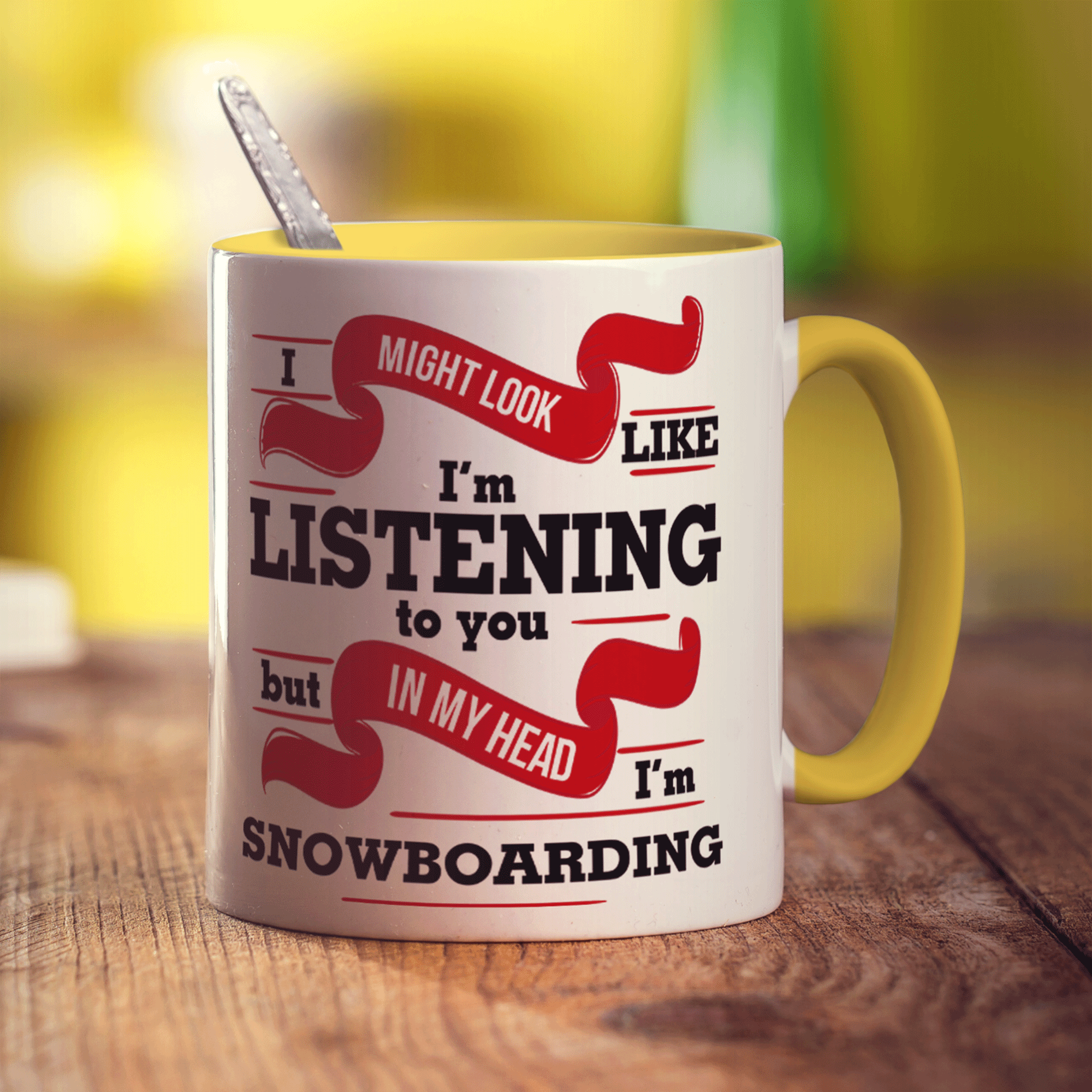 I Might Look Like I'm Listening to you But In My Head I'm Snowboarding Mug - Standard 330ml (11oz) / Yellow