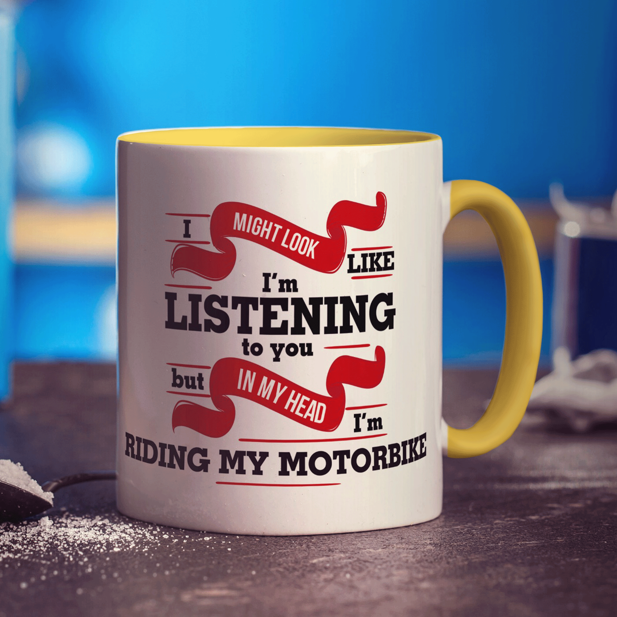 I Might Look Like I'm Listening But In My Head I'm Riding My Motorbike Mug - Standard 330ml (11oz) / Yellow