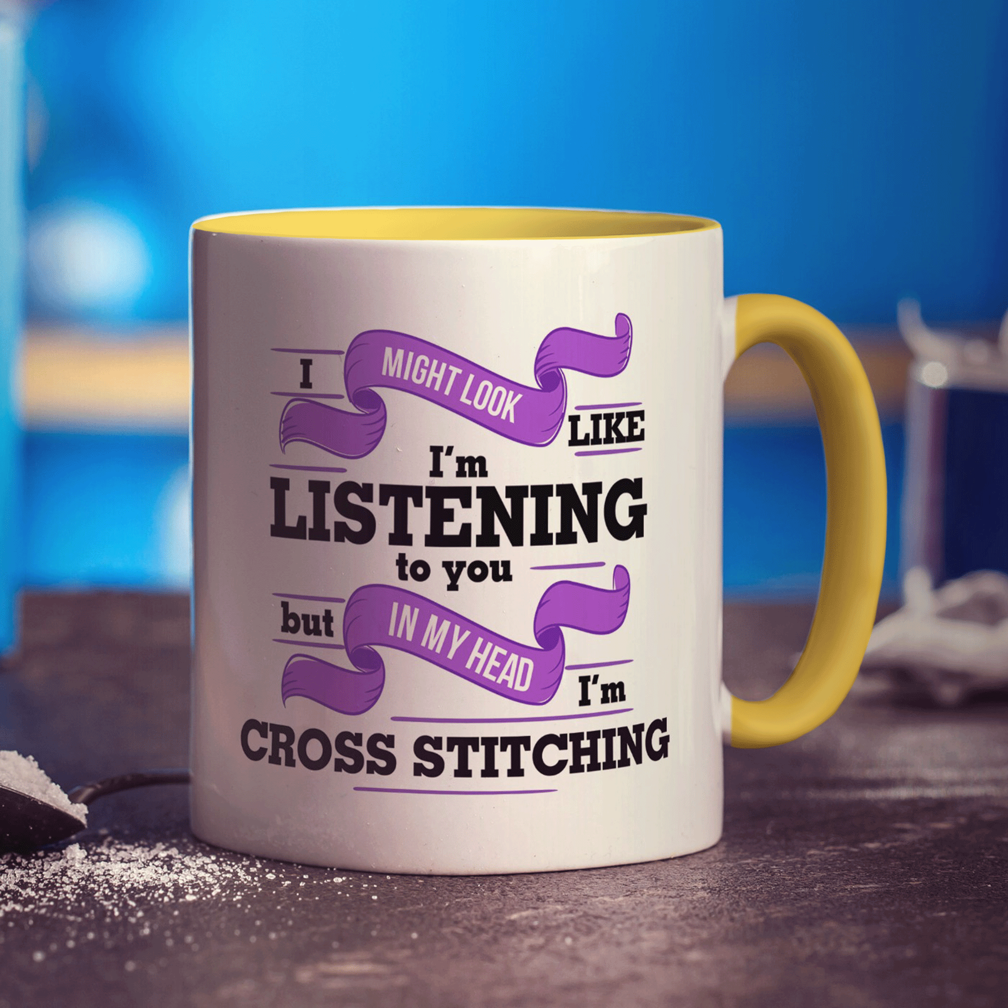 I Might Look Like I'm Working But in My Head I'm Cross Stitching Mug - Standard 330ml (11oz) / Yellow