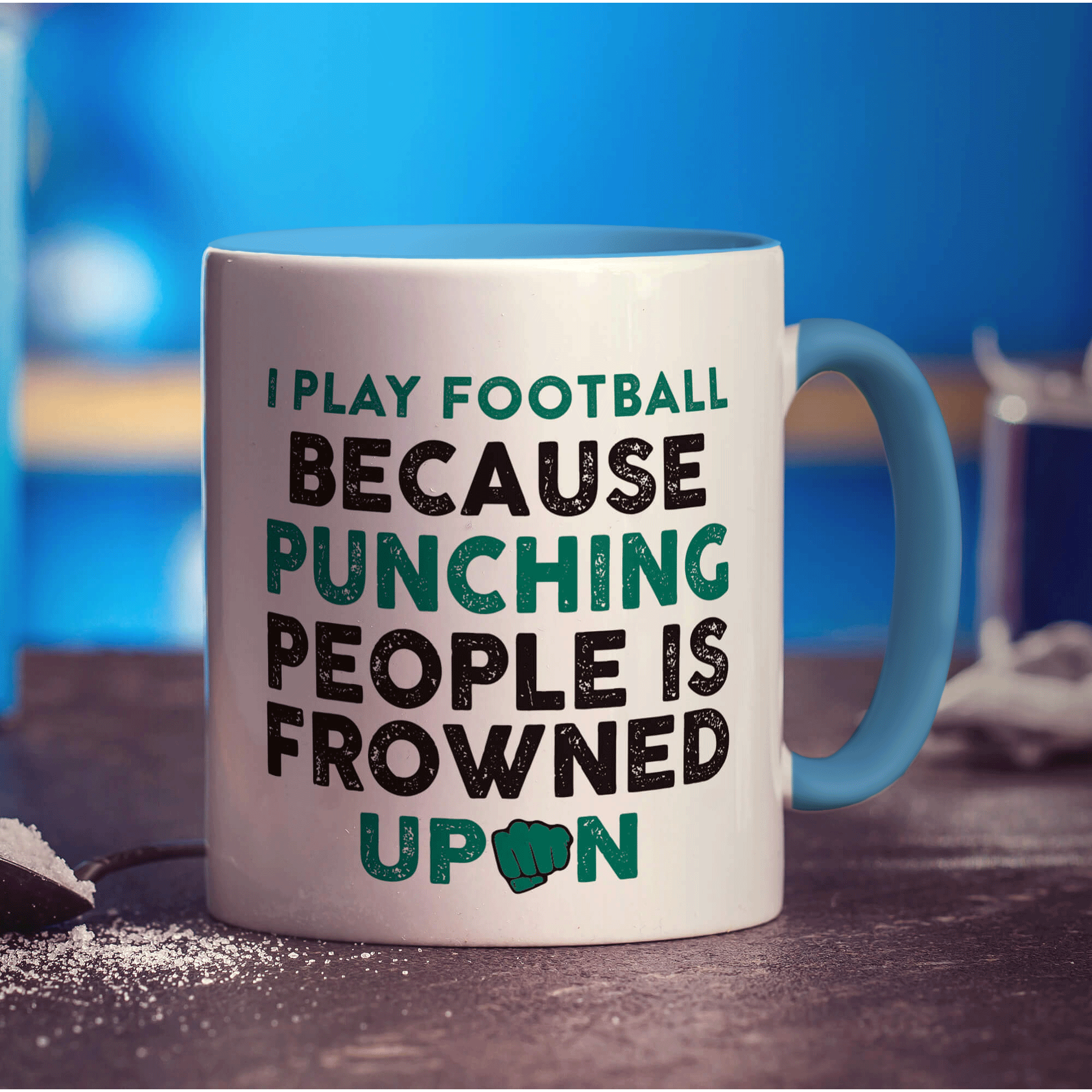 I Play Football Because Punching People is Frowned Upon Mug - Standard 330ml (11oz) / Blue