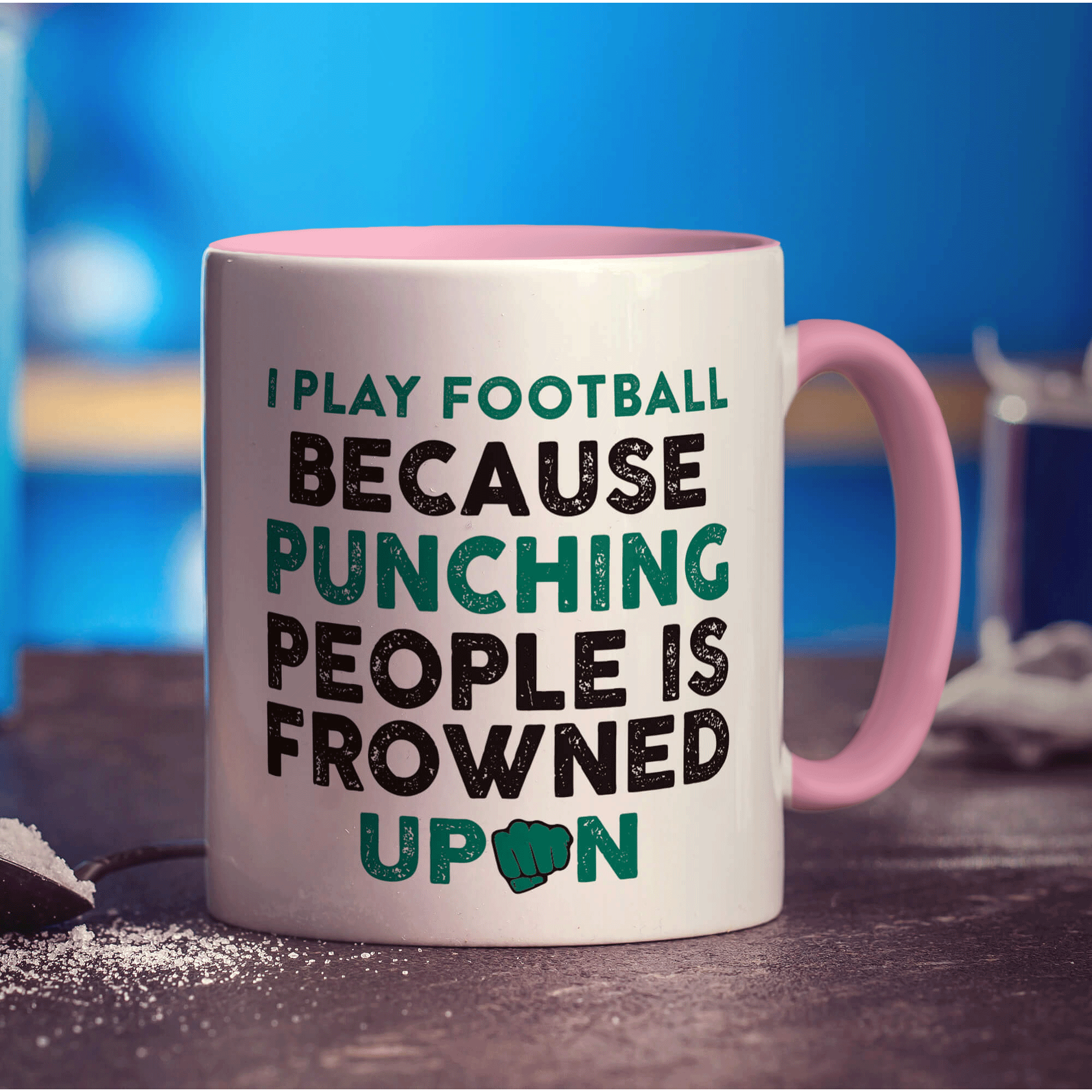 I Play Football Because Punching People is Frowned Upon Mug - Standard 330ml (11oz) / Pink
