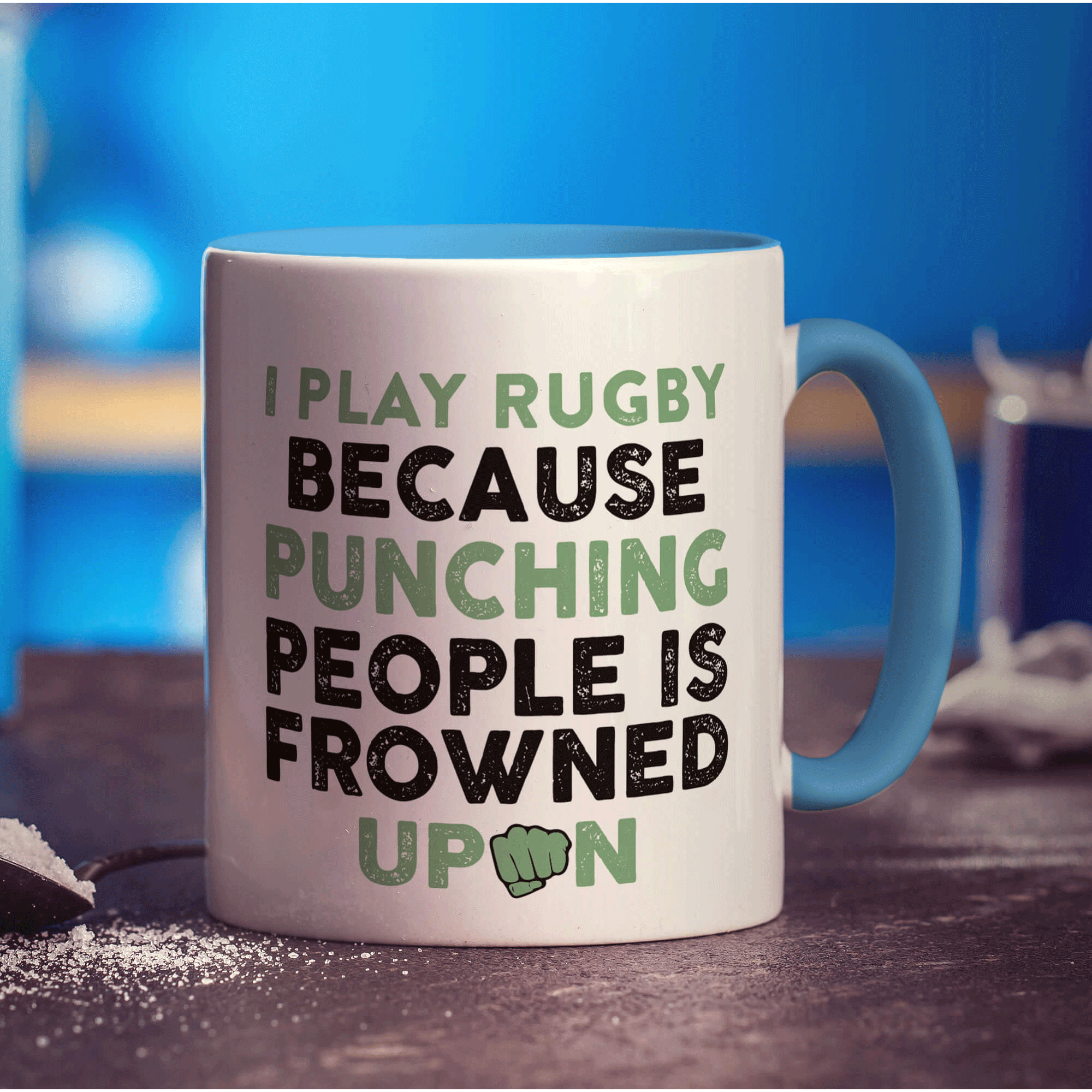 I Play Rugby Because Punching People is Frowned Upon Mug - Standard 330ml (11oz) / Blue