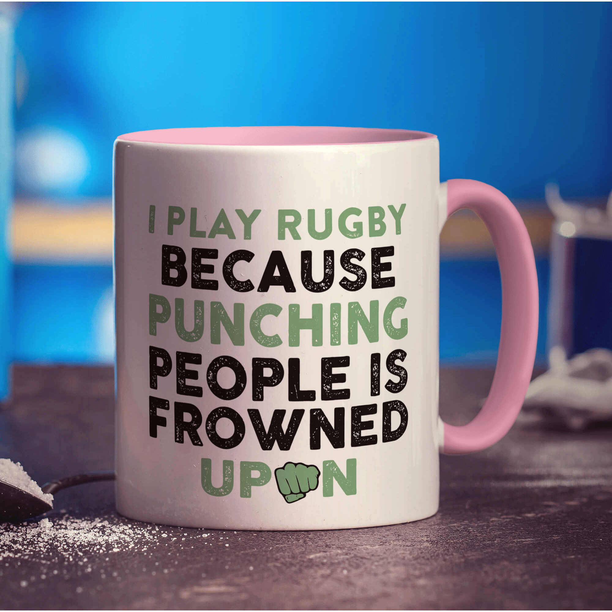 I Play Rugby Because Punching People is Frowned Upon Mug - Standard 330ml (11oz) / Pink