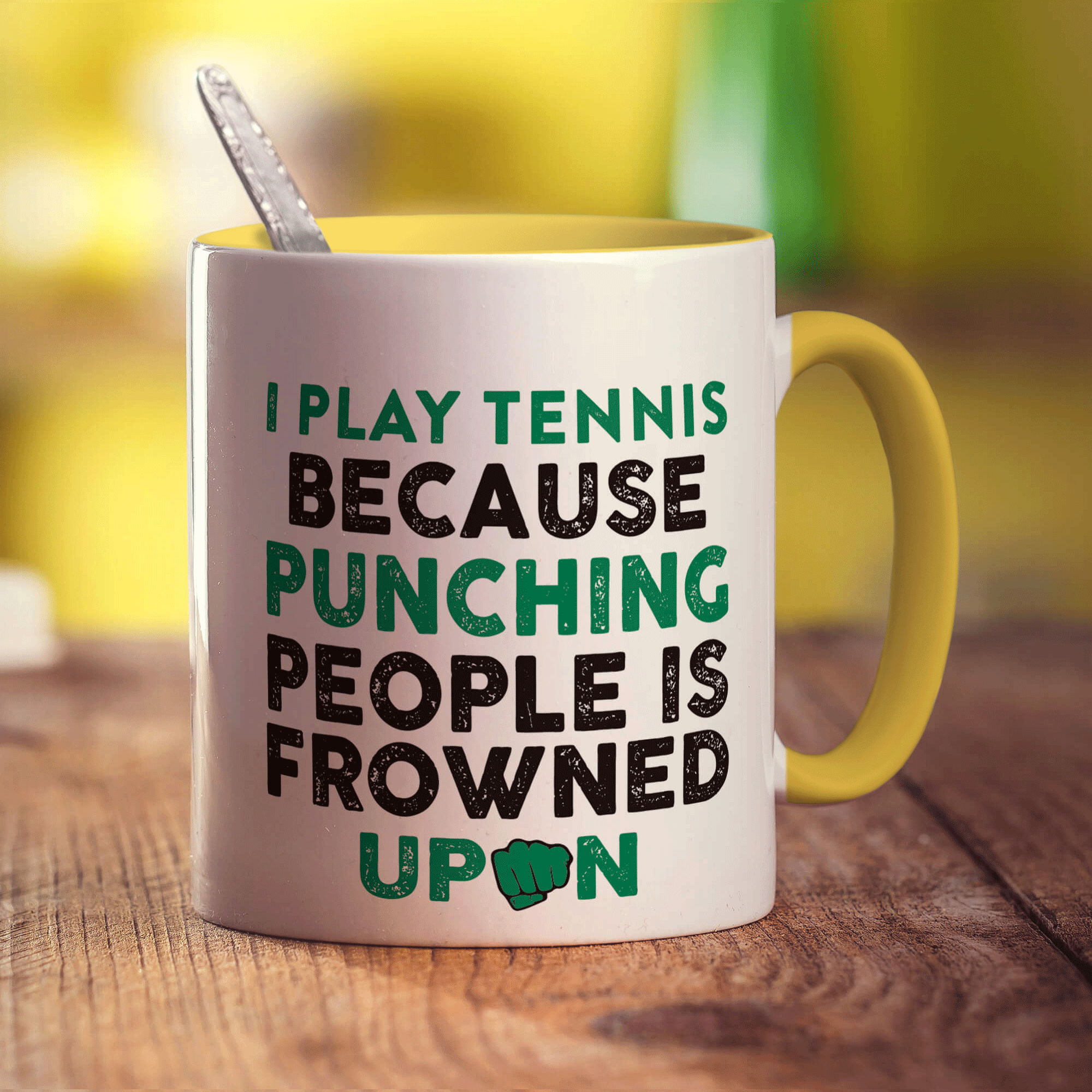 I Play Tennis Because Punching People is Frowned Upon Mug - Standard 330ml (11oz) / Yellow