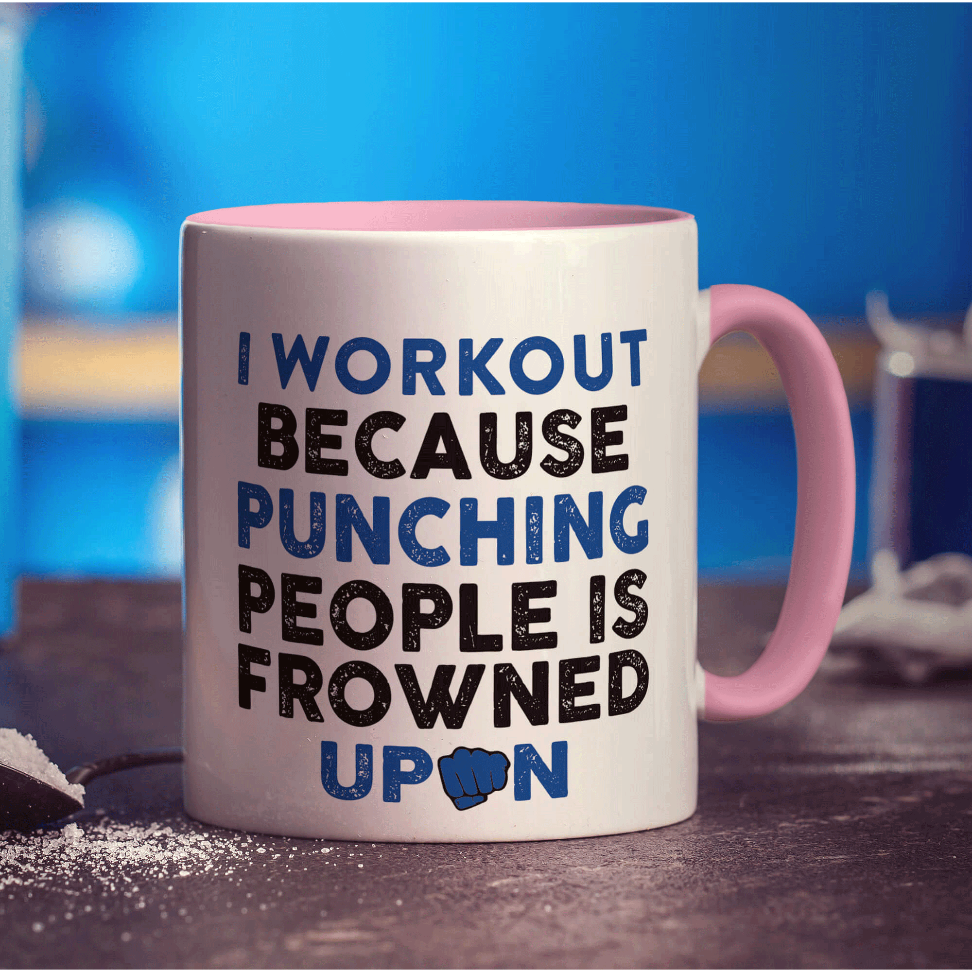 I Workout Because Punching People is Frowned Upon Mug - Standard 330ml (11oz) / Pink