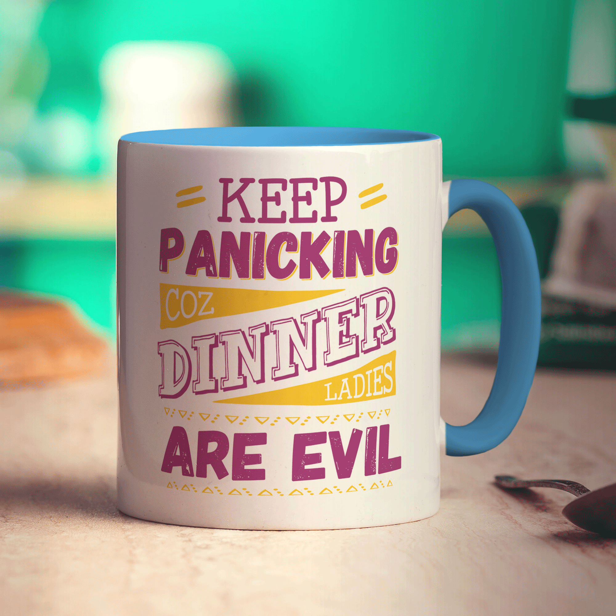 Keep Panicking Coz Dinner Ladies Are Evil Mug - Standard 330ml (11oz) / Blue