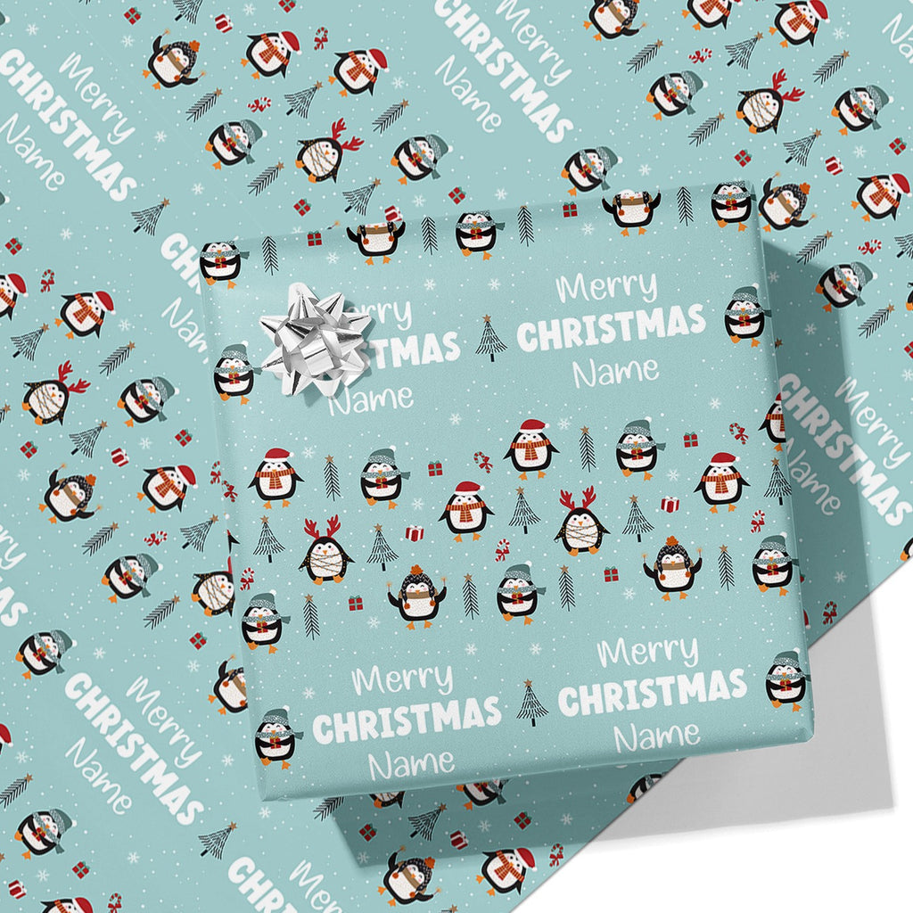 Merry Christmas Penguin Name Wrapping Paper