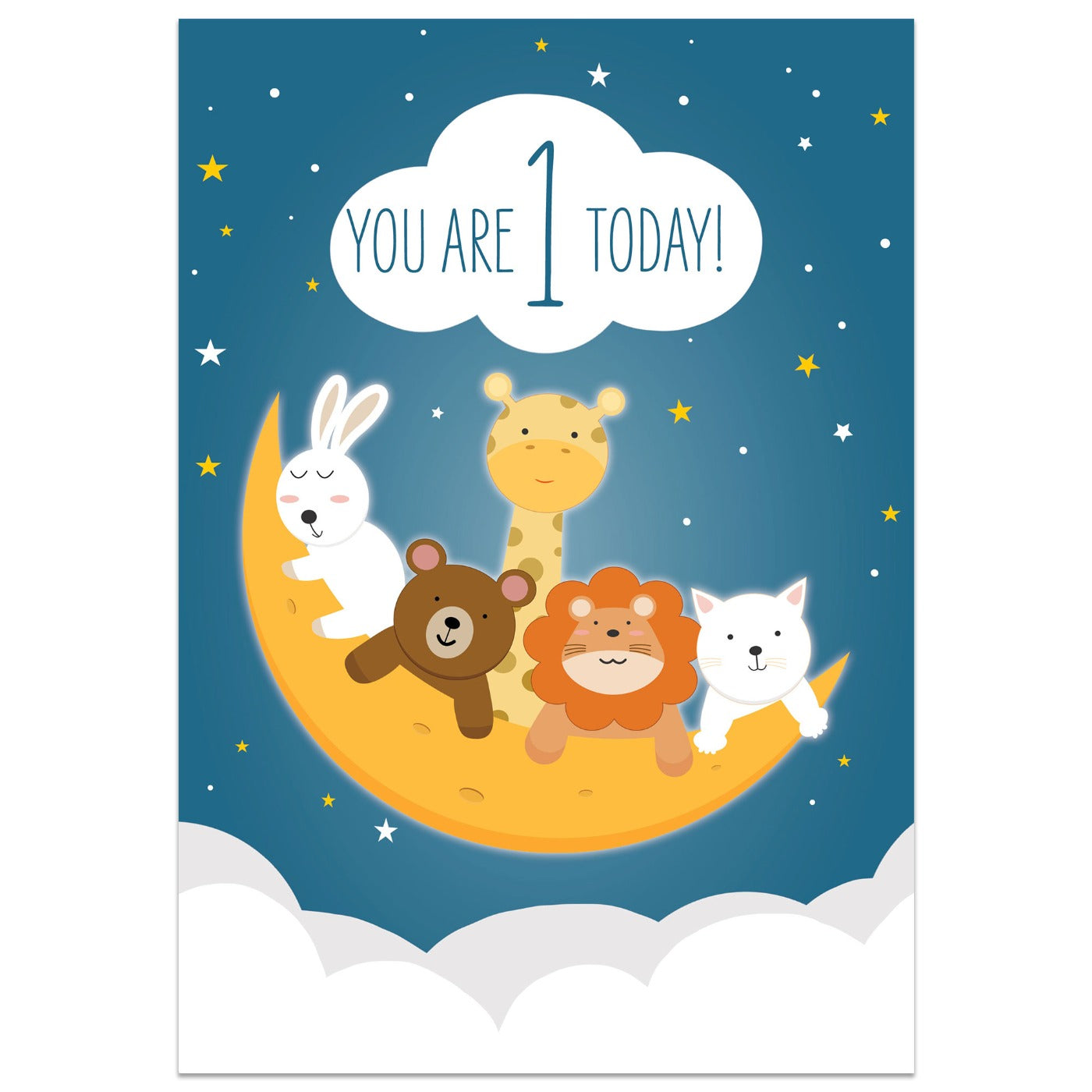 Animals on the Moon 1st Birthday Card