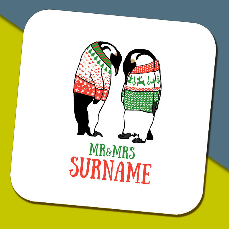 Mr & Mrs Penguin Name Coaster