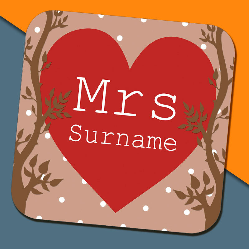 Mrs Alpine Heart Name Coaster