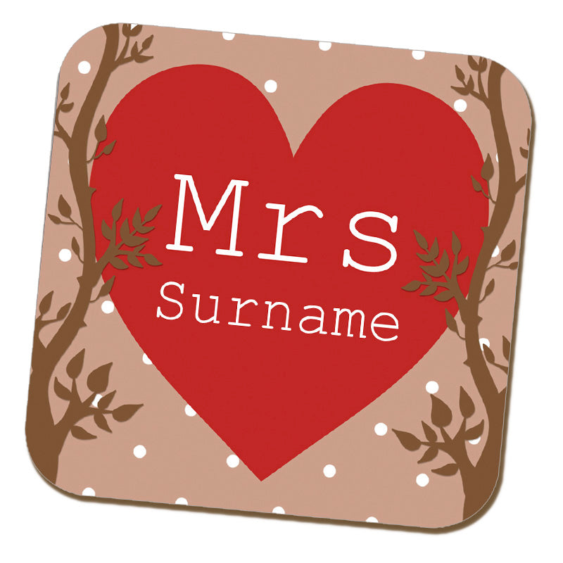Mrs Alpine Heart Name Coaster