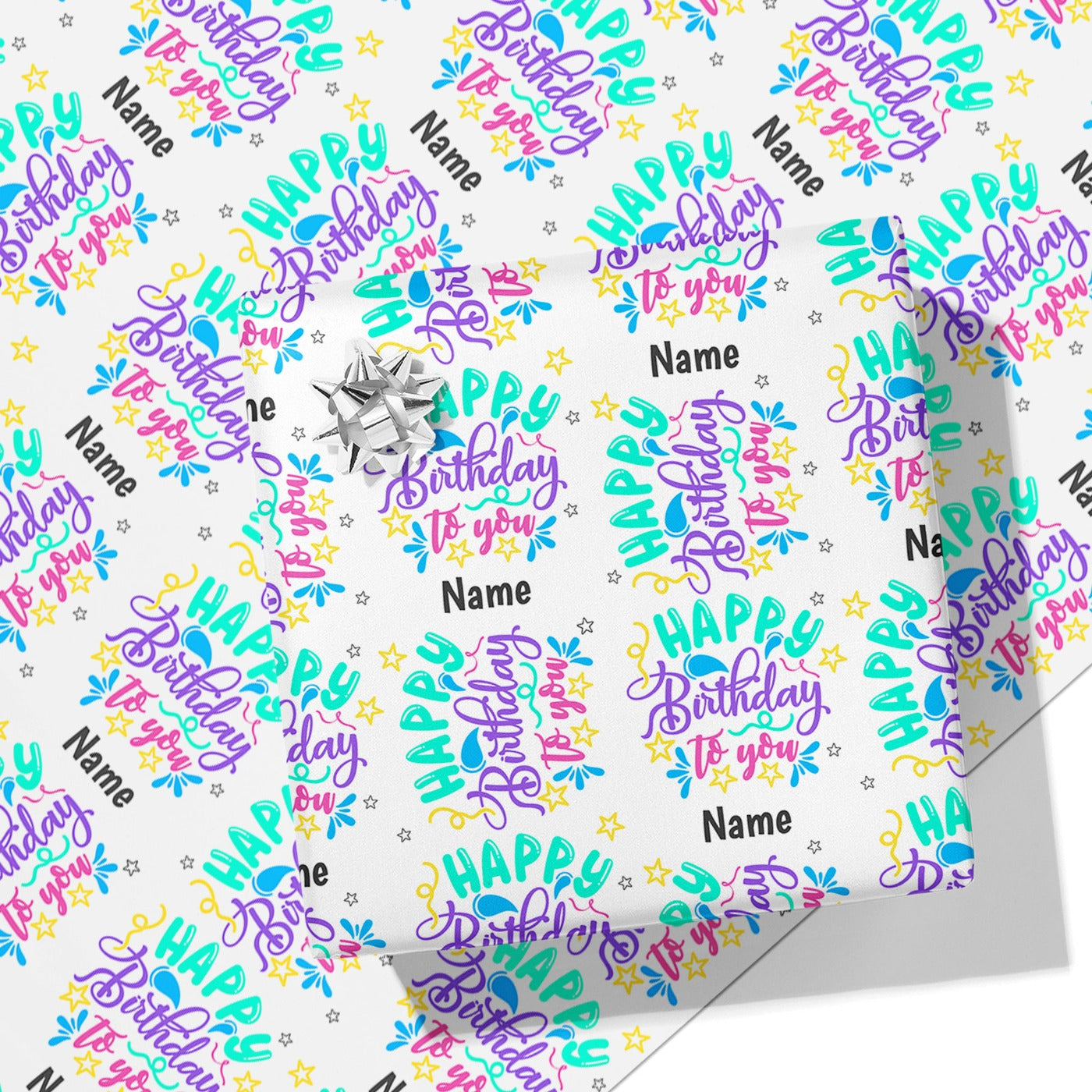 Neon Happy Birthday Name Wrapping Paper