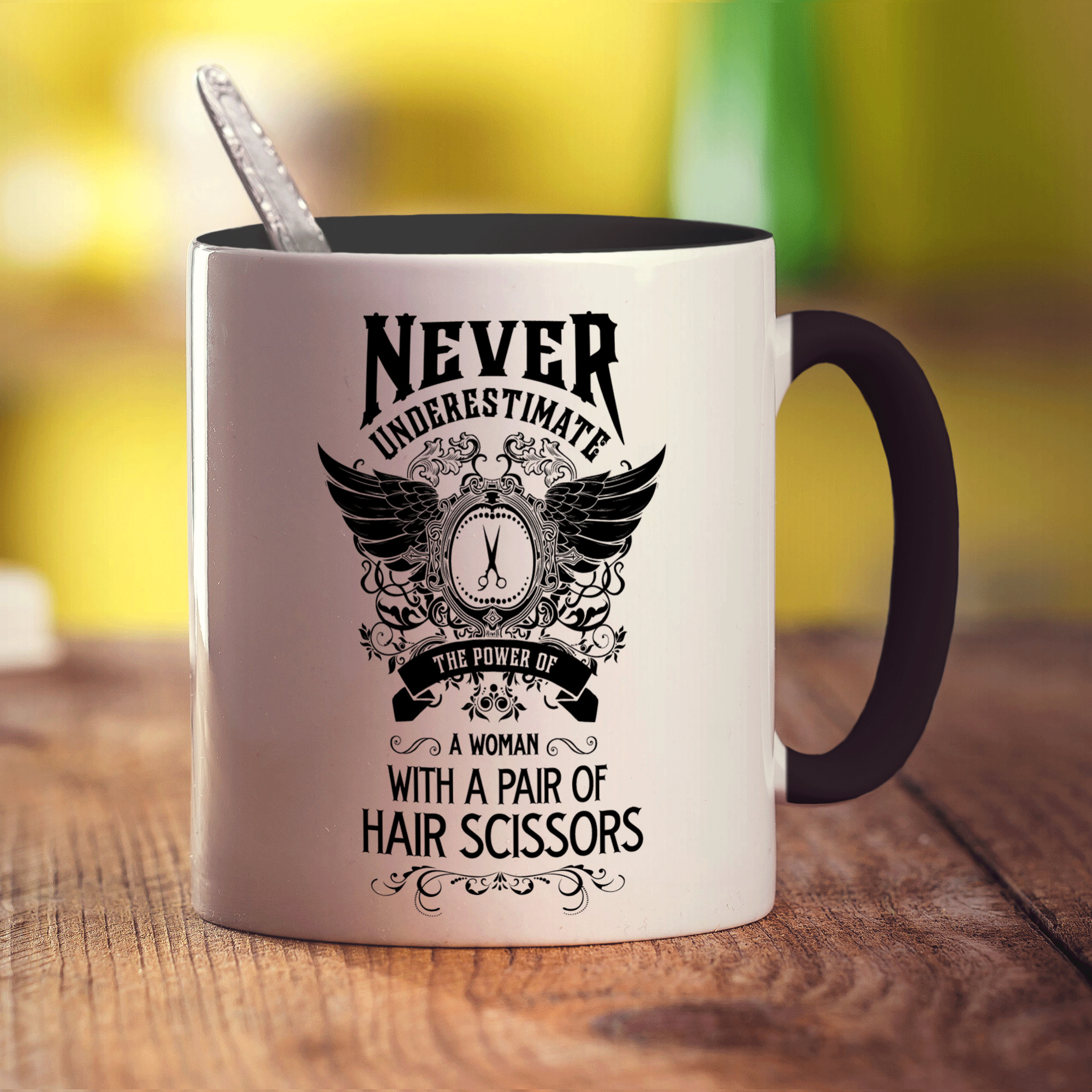 Never Underestimate the Power of a Woman With a Pair of Hair Scissors Mug - Standard 330ml (11oz) / Black