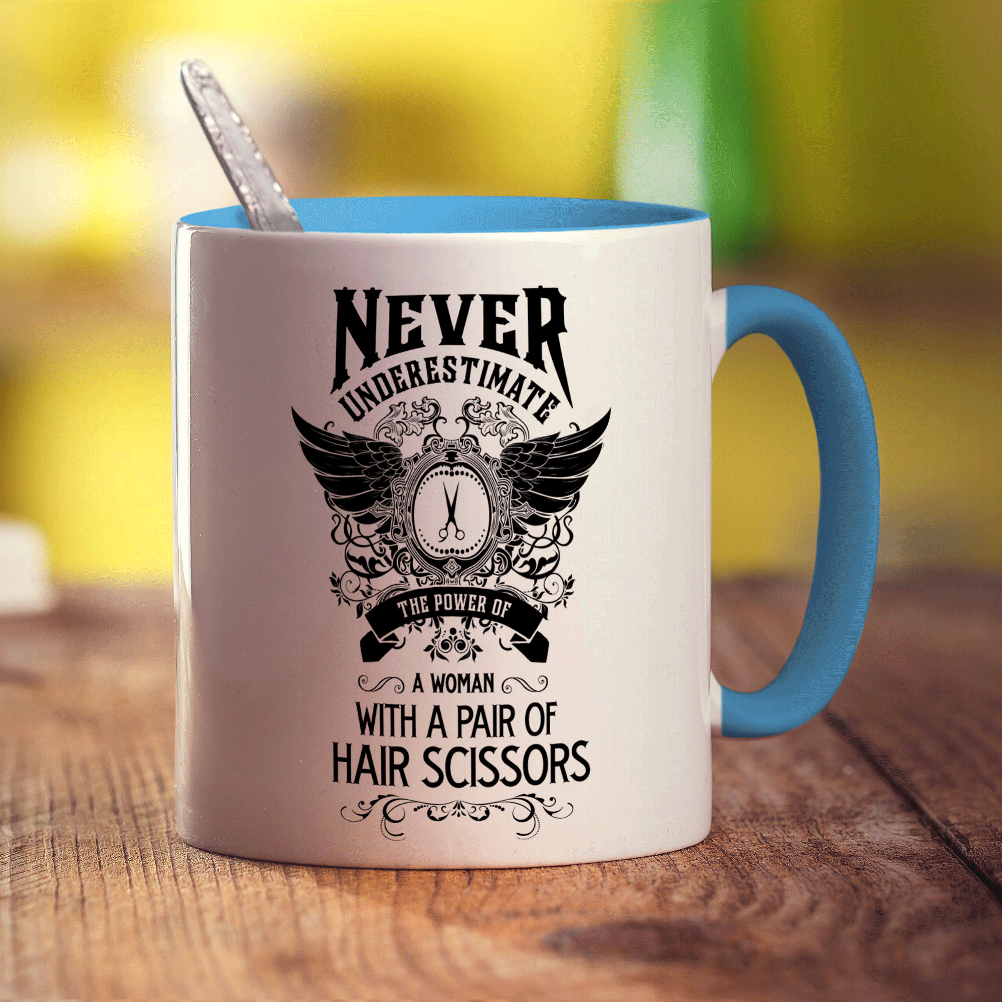 Never Underestimate the Power of a Woman With a Pair of Hair Scissors Mug - Standard 330ml (11oz) / Blue