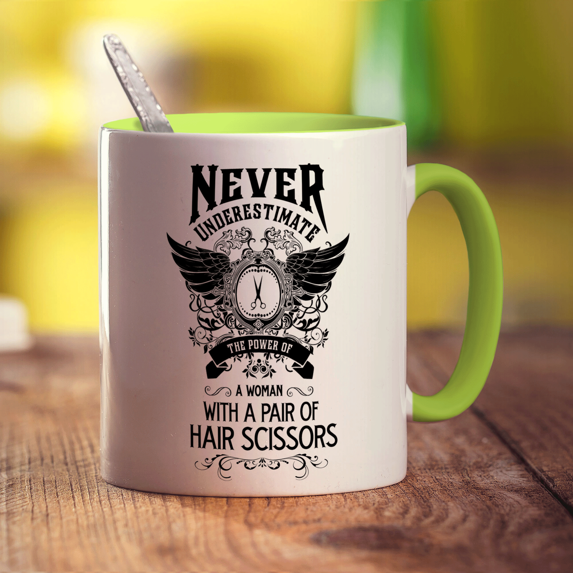 Never Underestimate the Power of a Woman With a Pair of Hair Scissors Mug - Standard 330ml (11oz) / Green