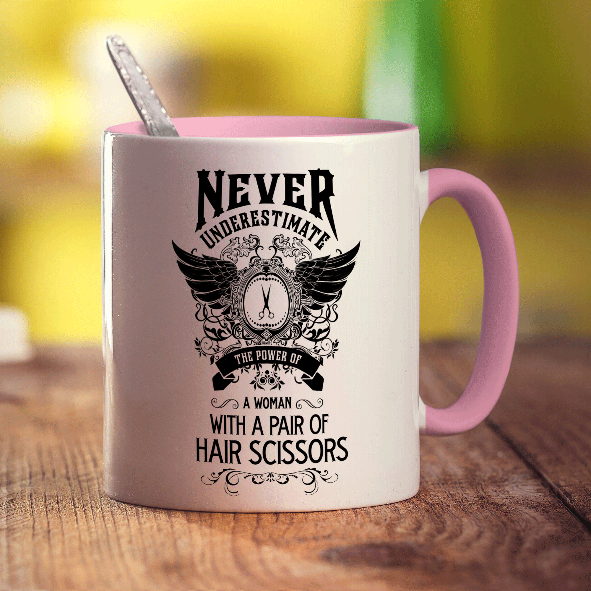Never Underestimate the Power of a Woman With a Pair of Hair Scissors Mug - Standard 330ml (11oz) / Pink